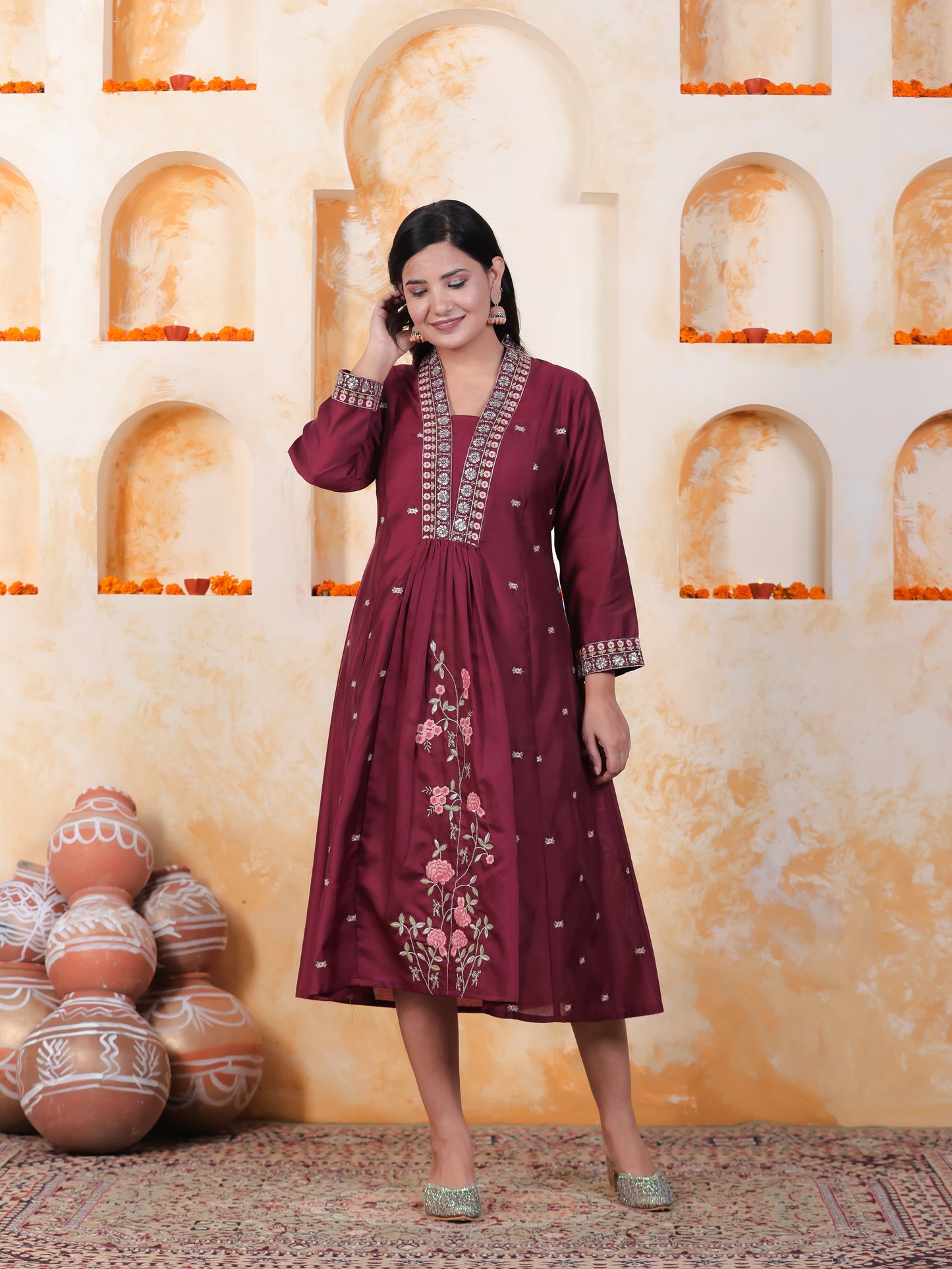 Embroidered Burgundy Roman silk Gathered Kurta