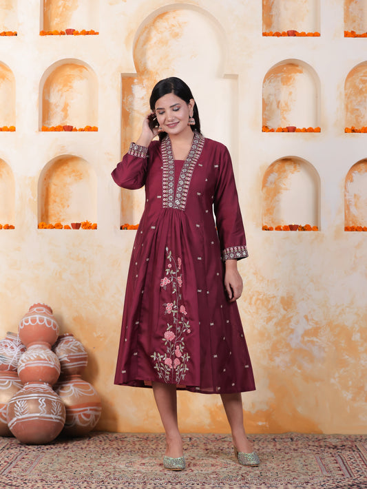 Embroidered Burgundy Roman silk Gathered Kurta