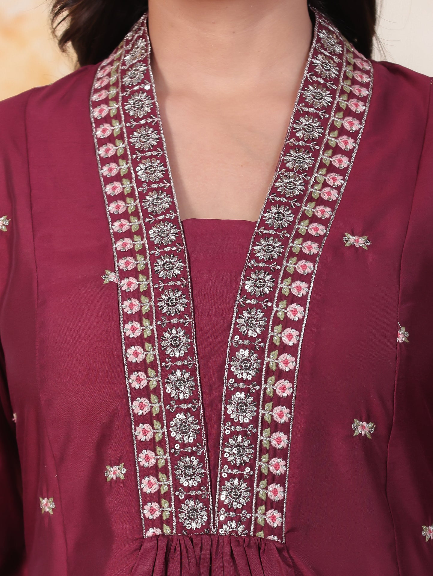 Embroidered Burgundy Roman silk Gathered Kurta