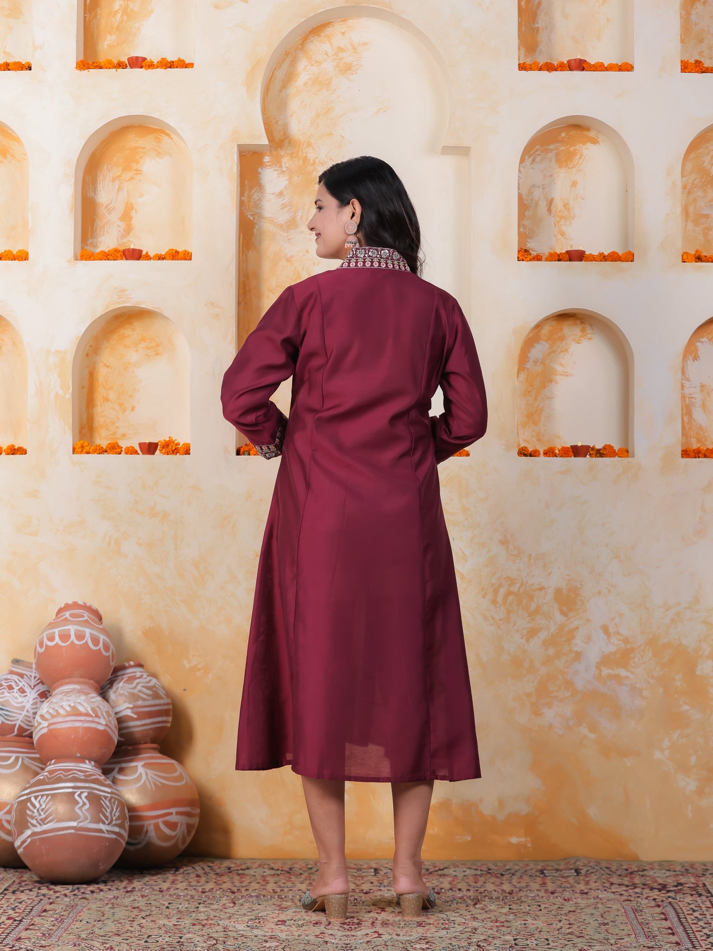 Embroidered Burgundy Roman silk Gathered Kurta