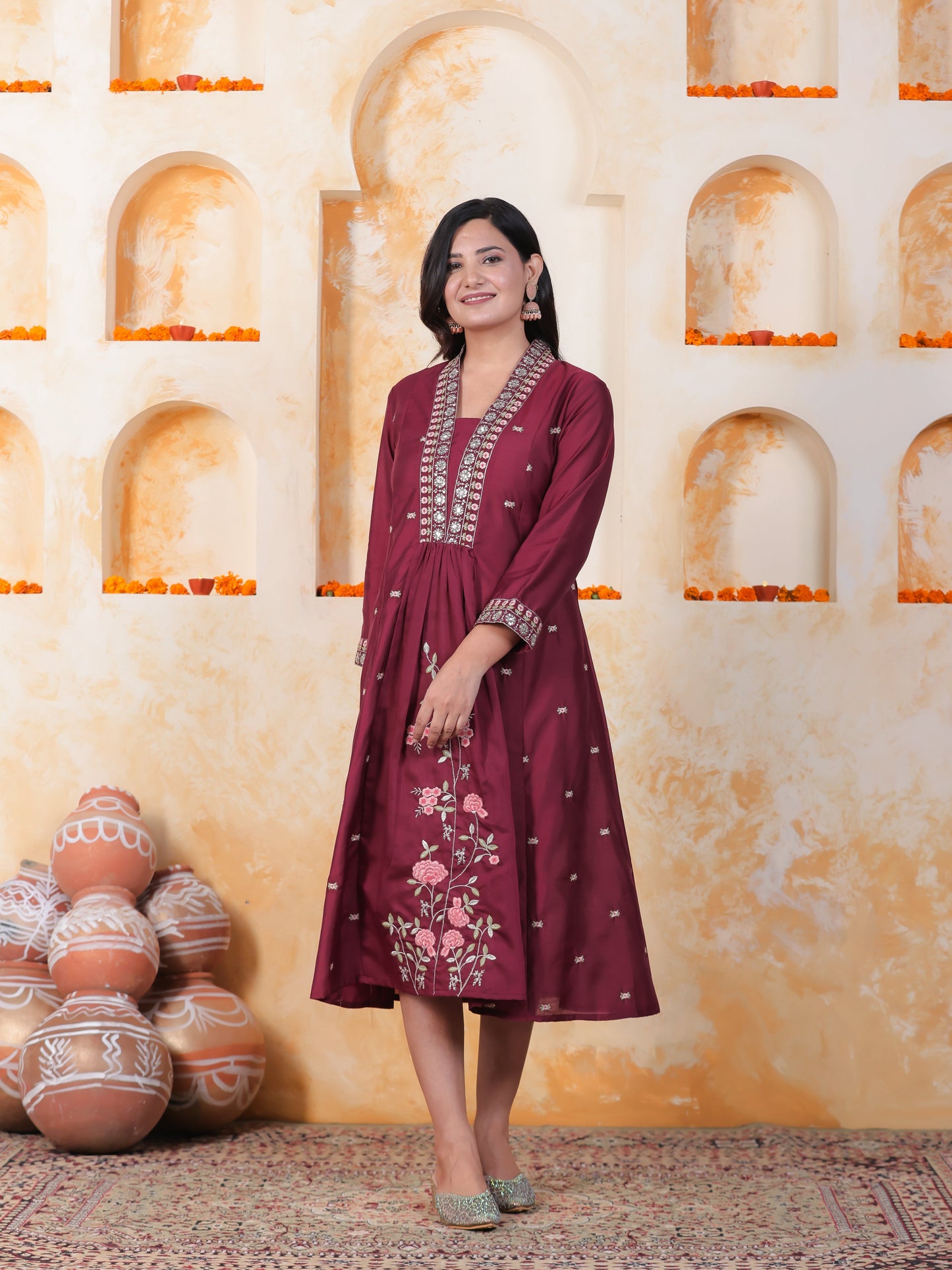 Embroidered Burgundy Roman silk Gathered Kurta