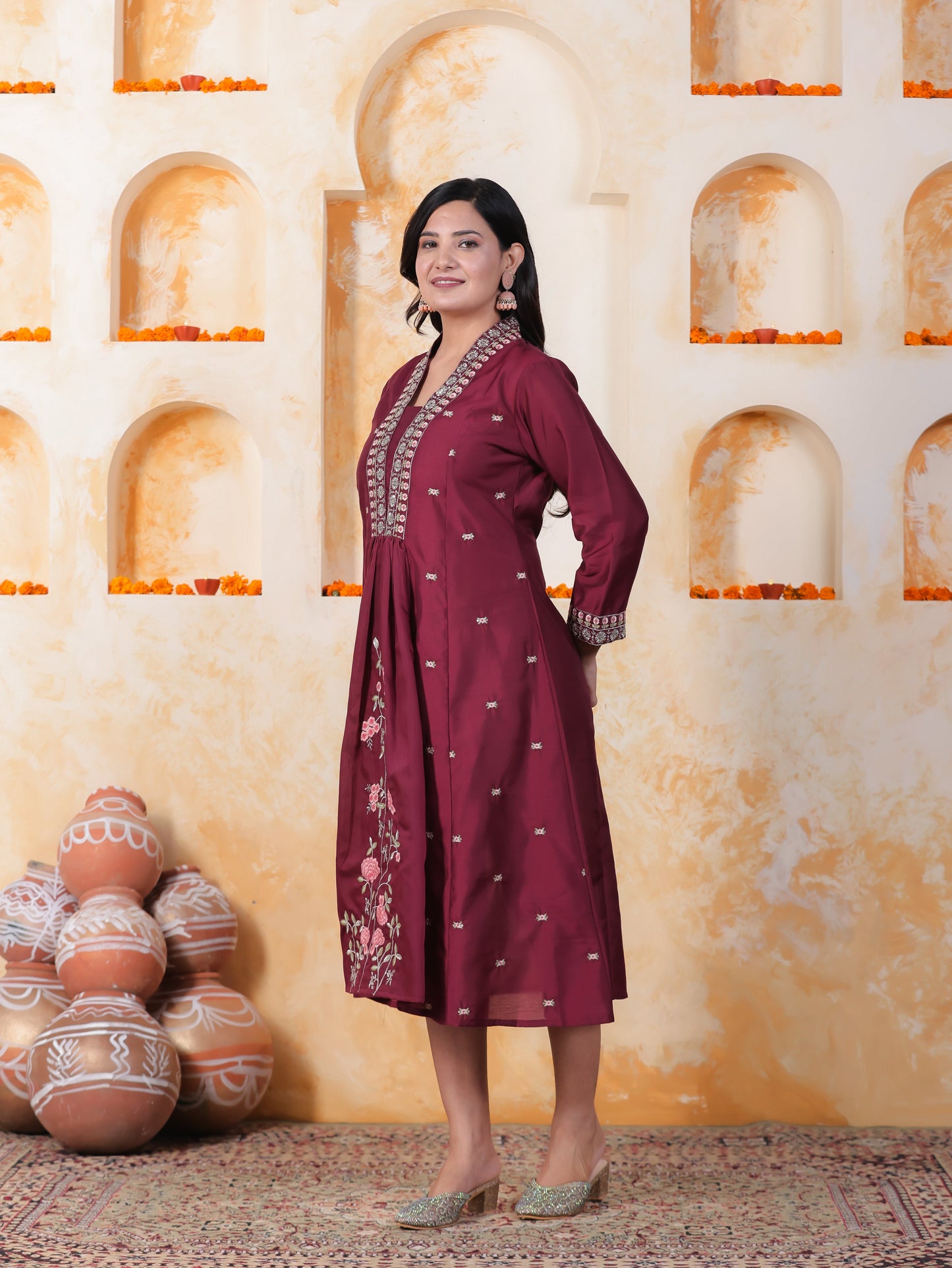 Embroidered Burgundy Roman silk Gathered Kurta
