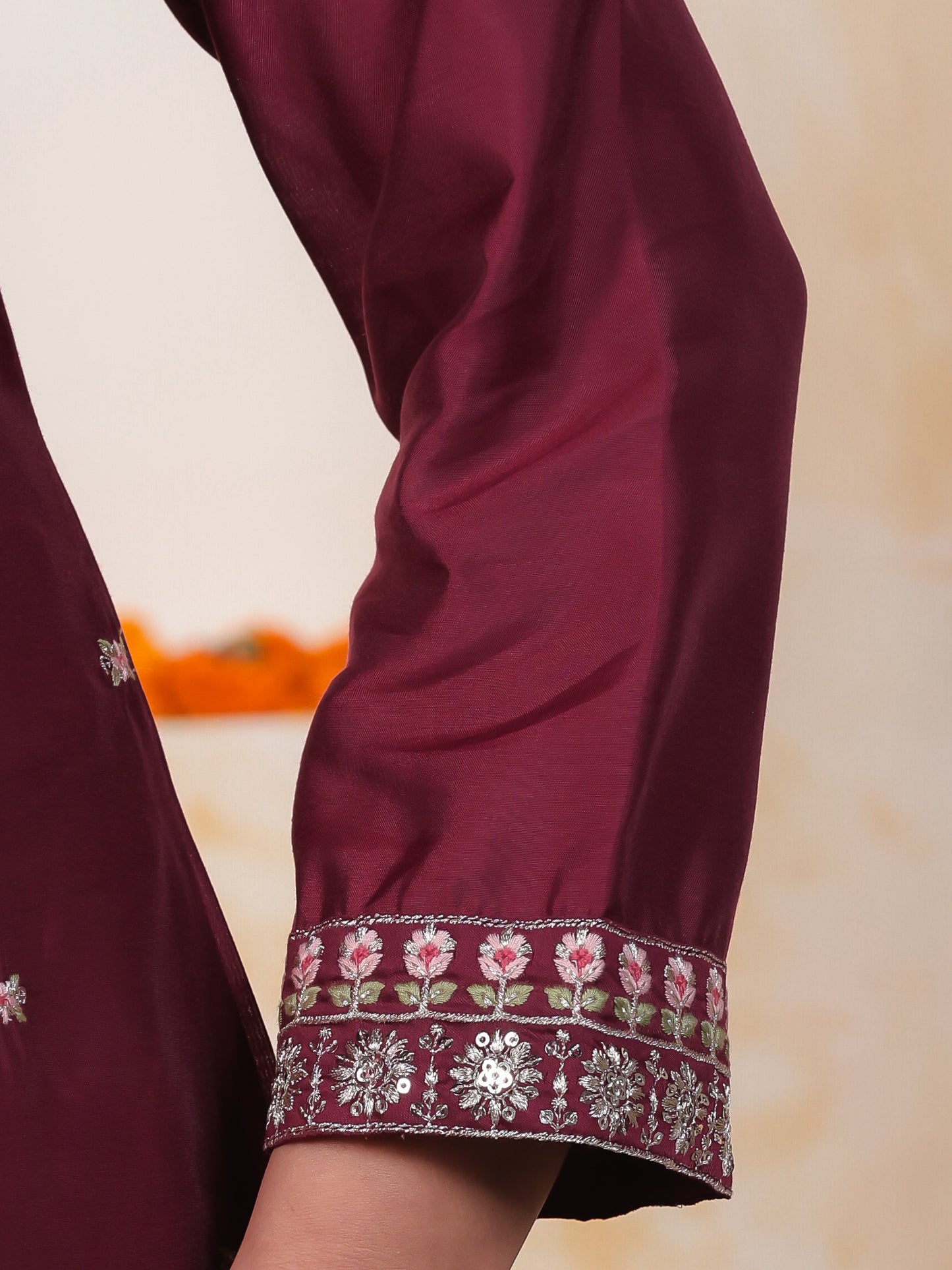 Embroidered Burgundy Roman silk Gathered Kurta