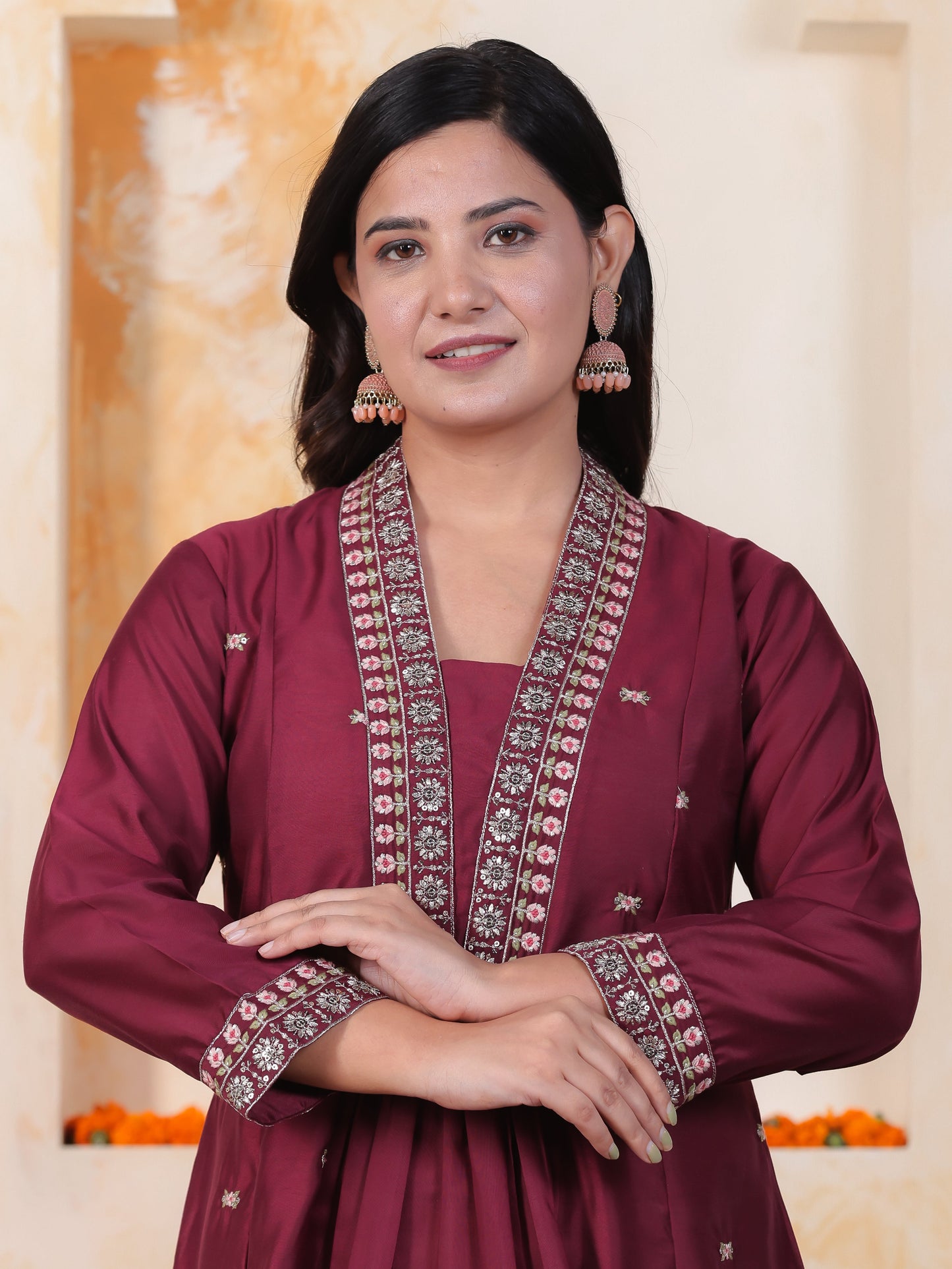 Embroidered Burgundy Roman silk Gathered Kurta