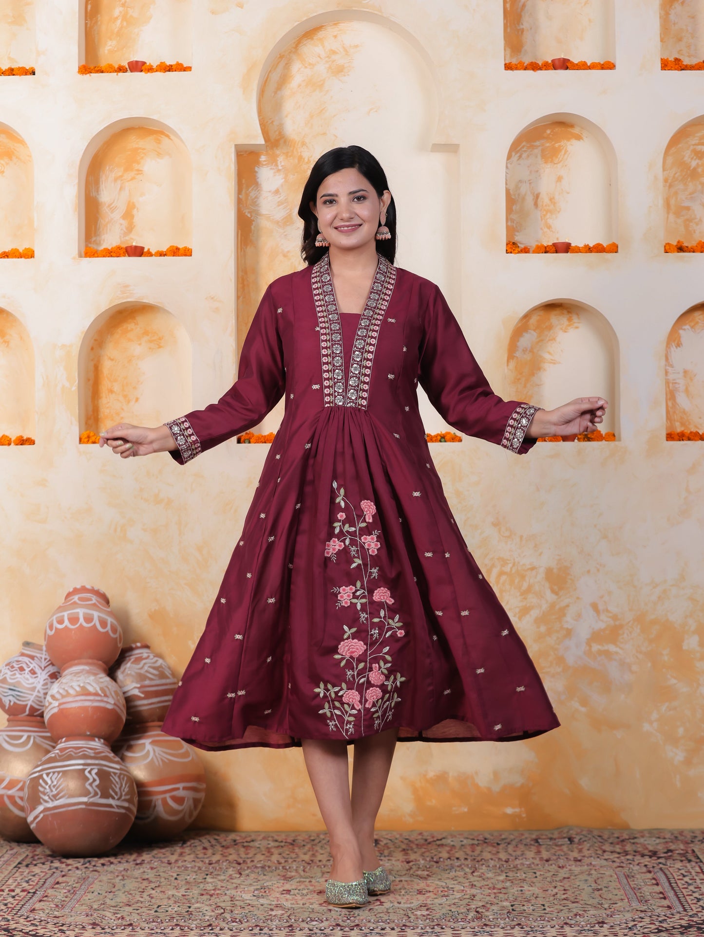 Embroidered Burgundy Roman silk Gathered Kurta