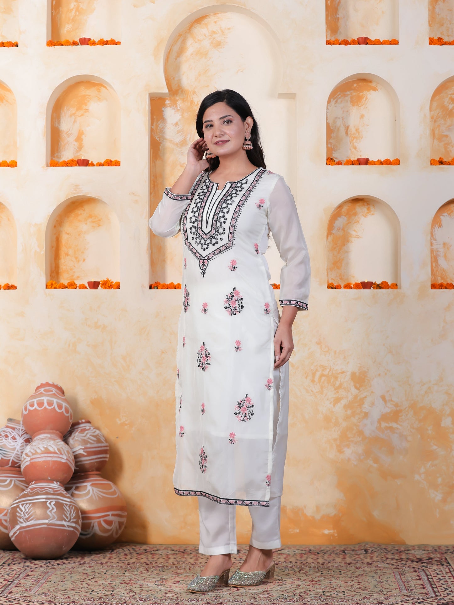 Embroidered White Organza Straight Kurta