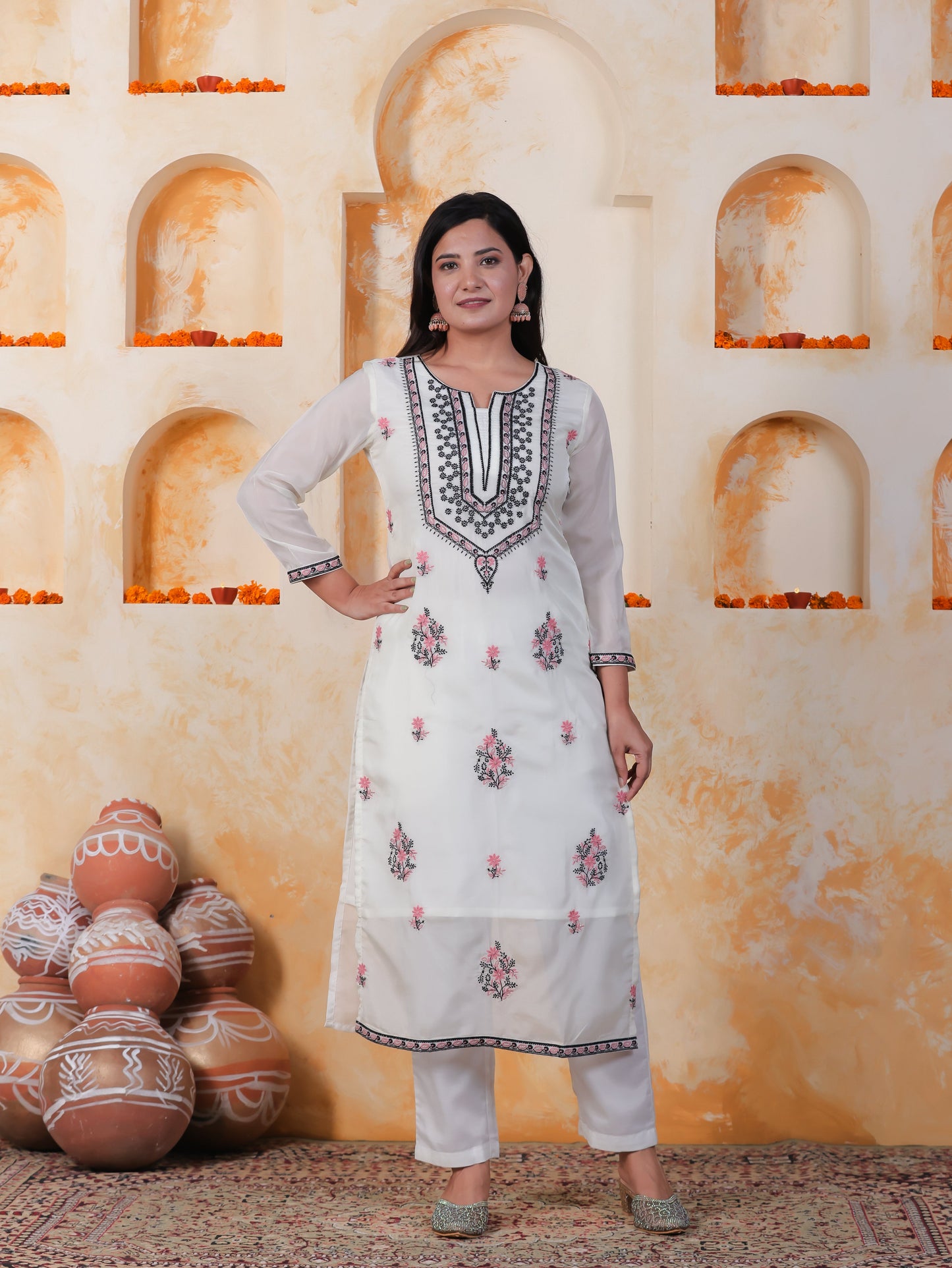Embroidered White Organza Straight Kurta