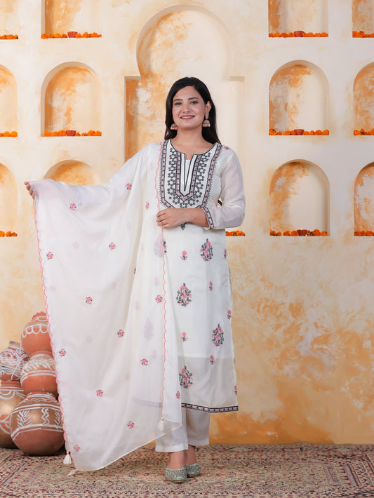 Embroidered White Organza Straight Kurta