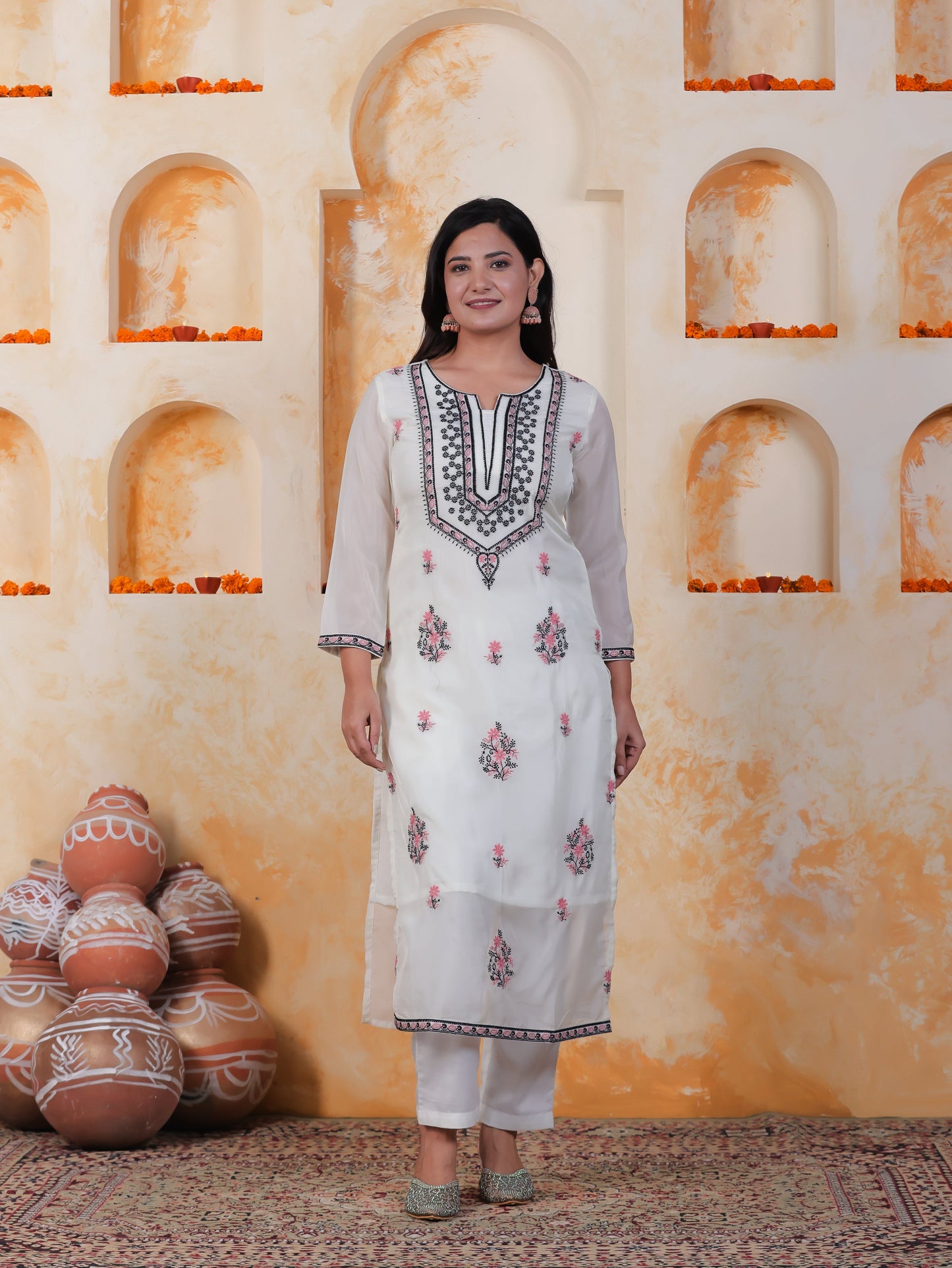 Embroidered White Organza Straight Kurta