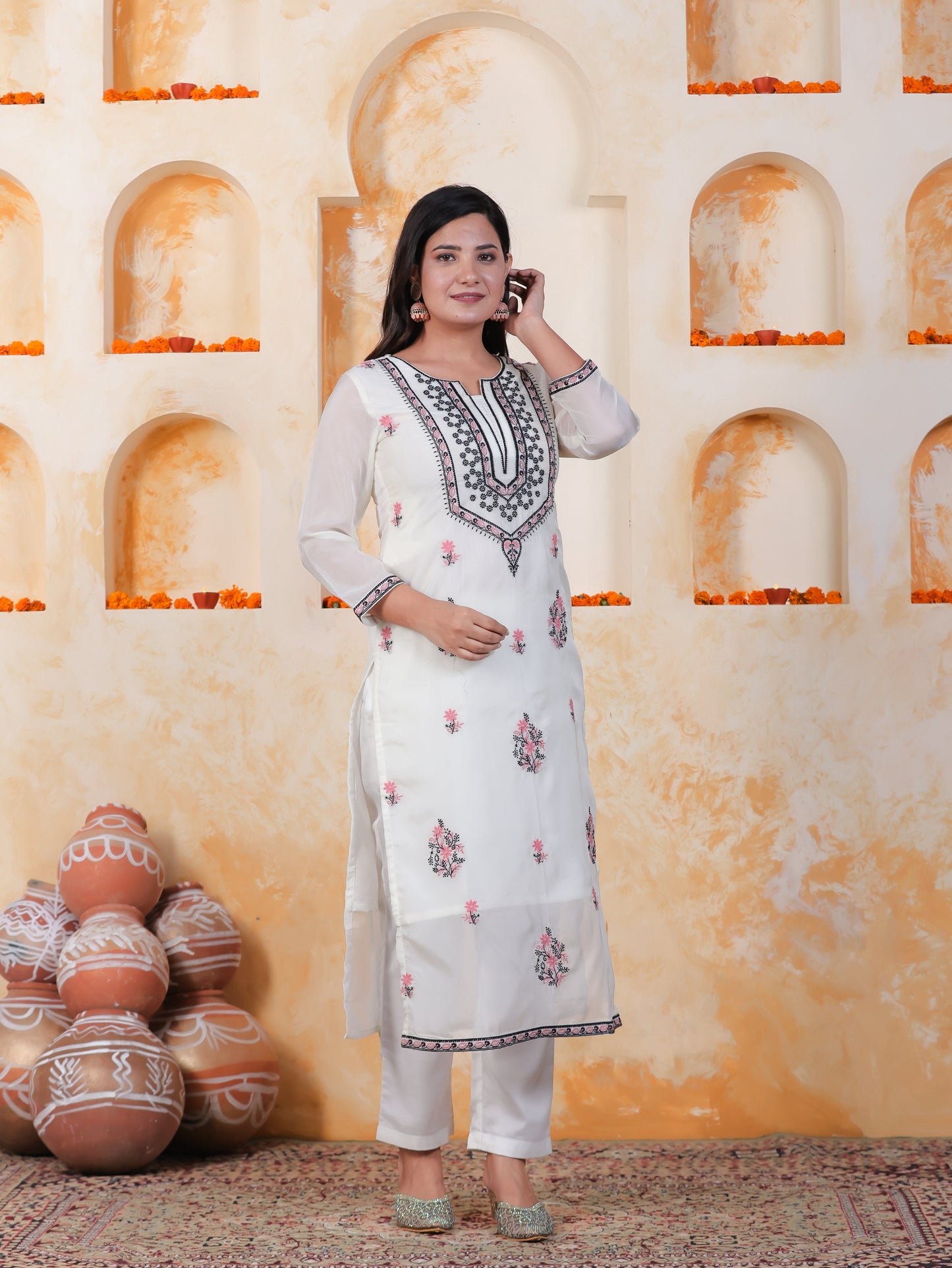 Embroidered White Organza Straight Kurta