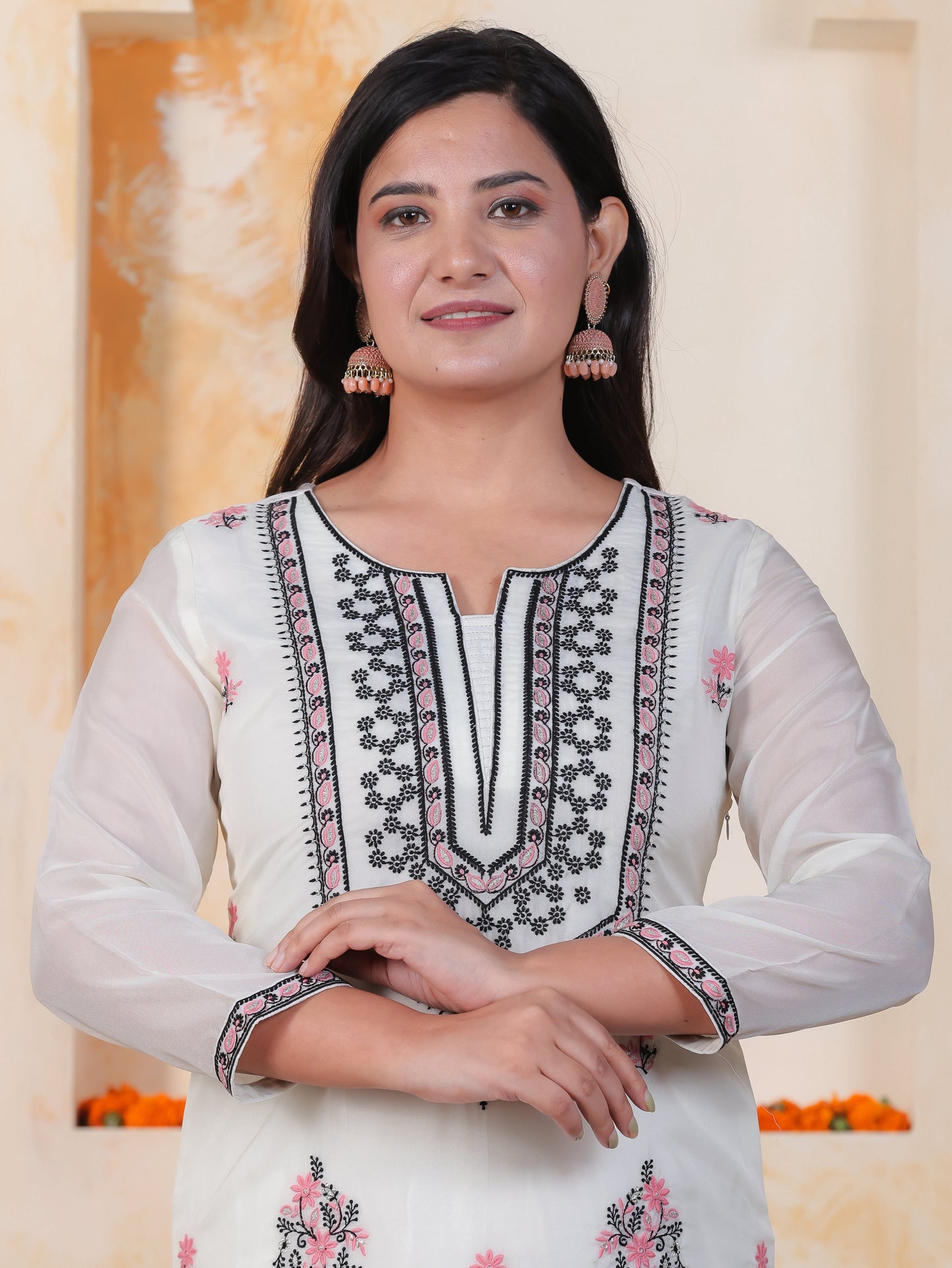Embroidered White Organza Straight Kurta