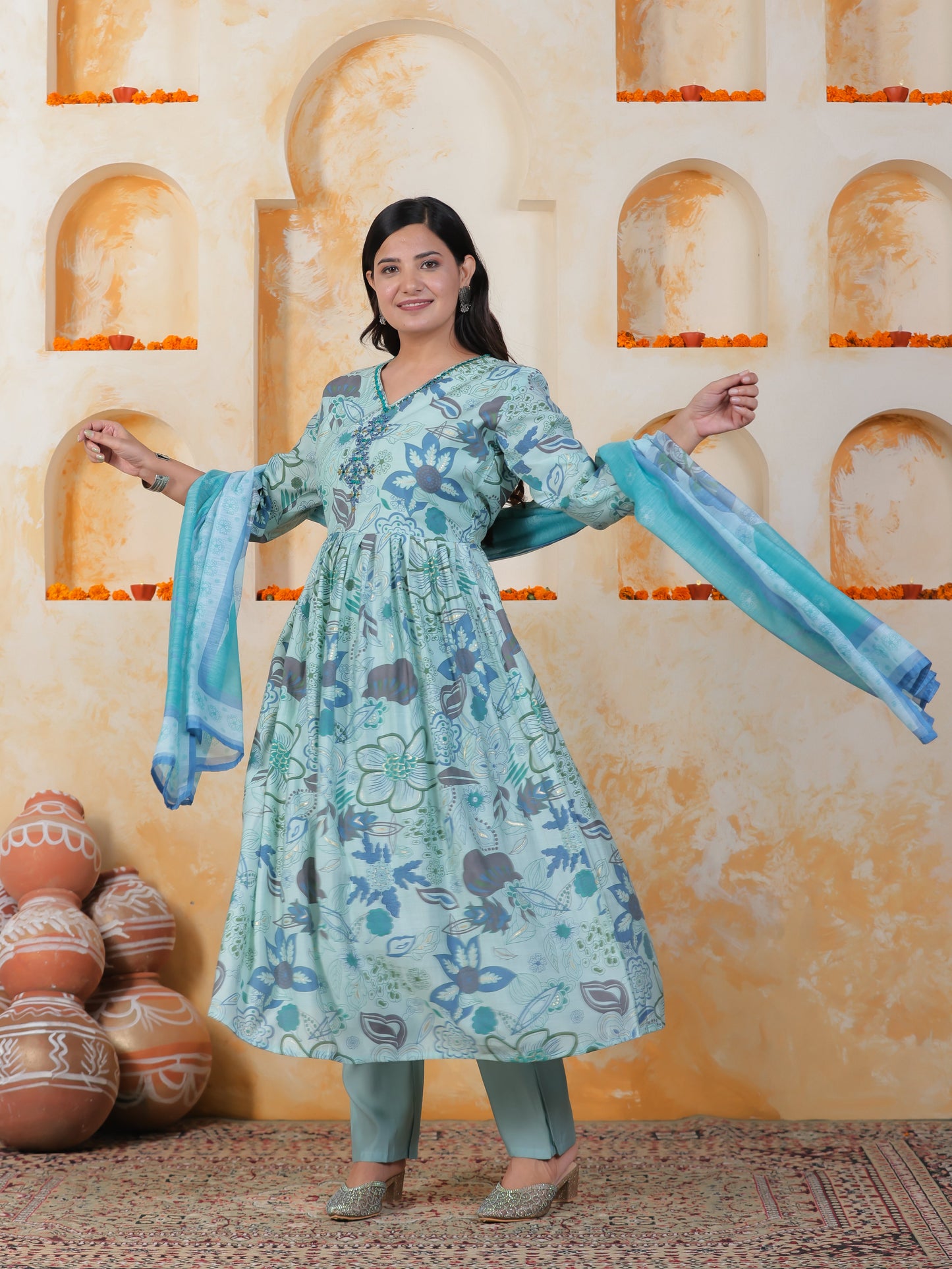 Mirror Work Sea Blue Floral Shantoon Pleated Kurta