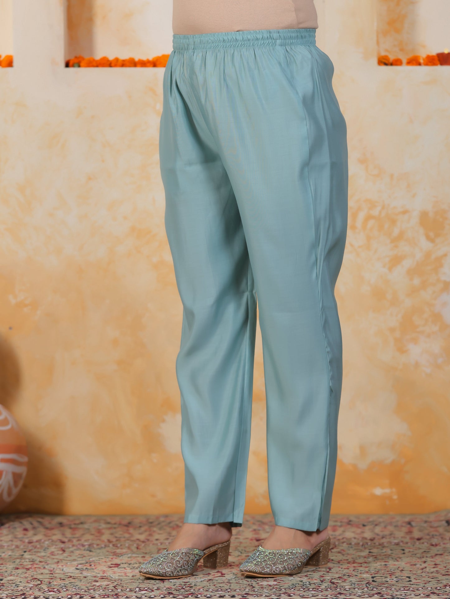 Mirror Work Sea Blue Floral Shantoon Pleated Kurta