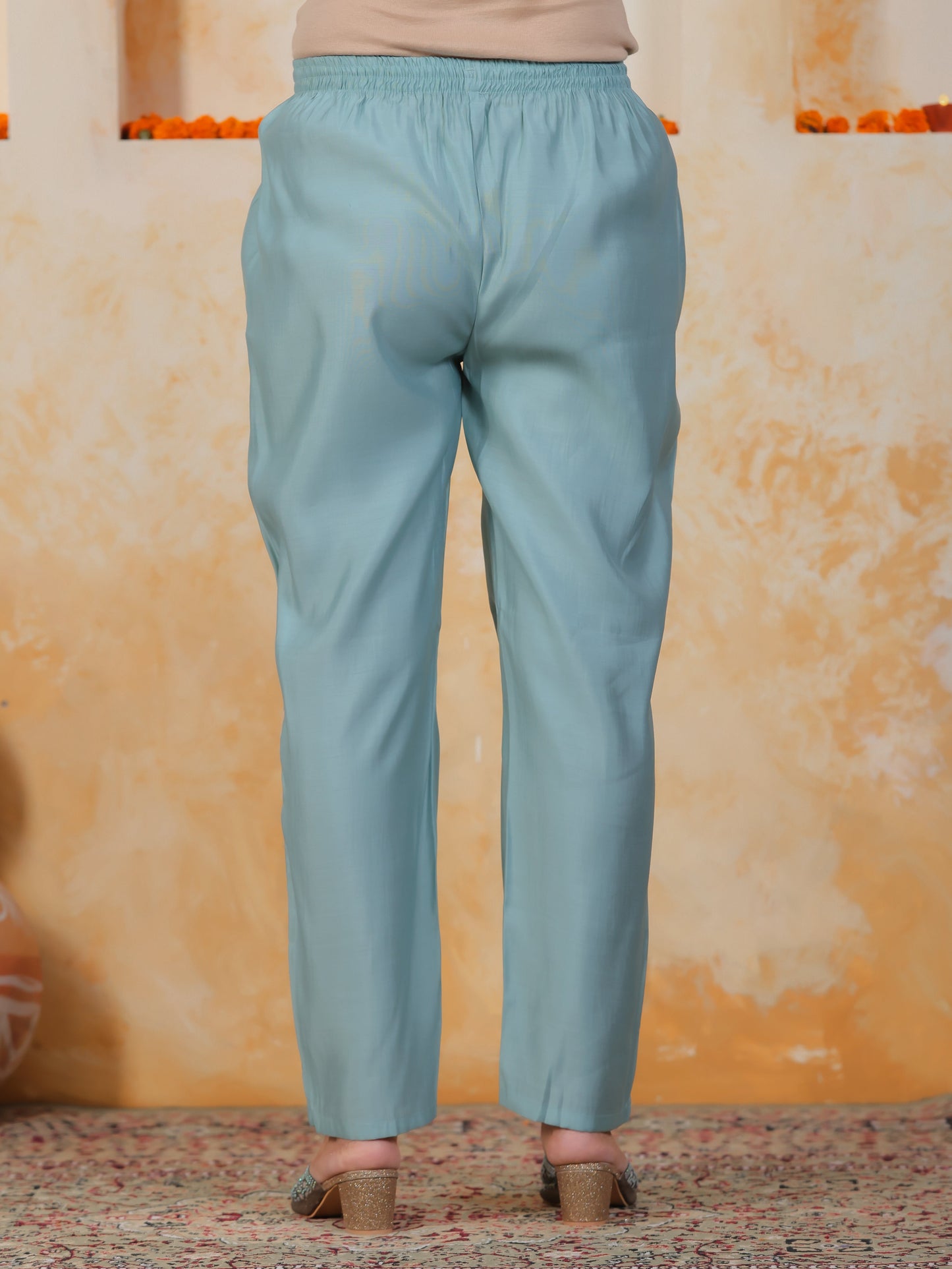 Mirror Work Sea Blue Floral Shantoon Pleated Kurta