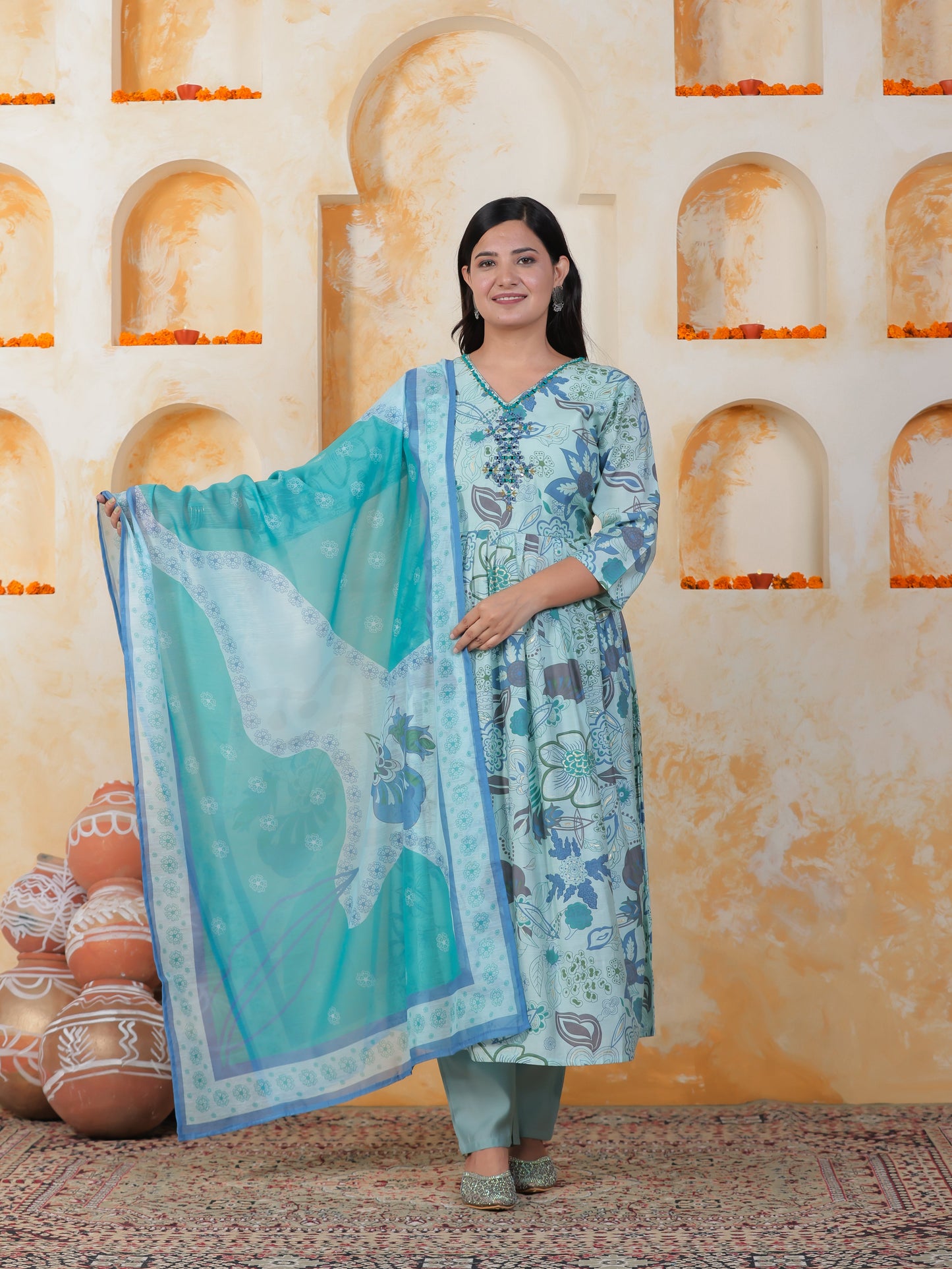 Mirror Work Sea Blue Floral Shantoon Pleated Kurta