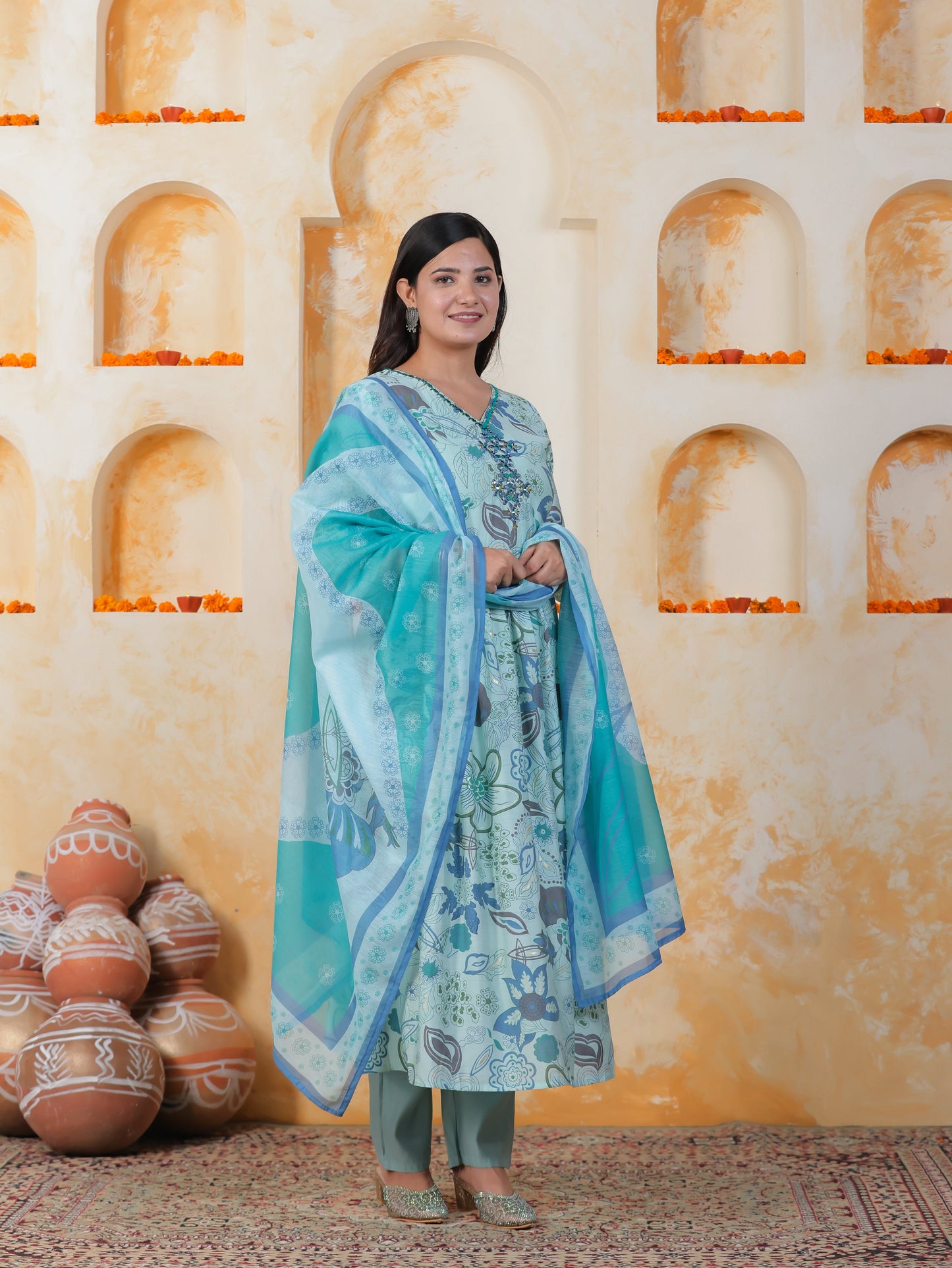 Mirror Work Sea Blue Floral Shantoon Pleated Kurta