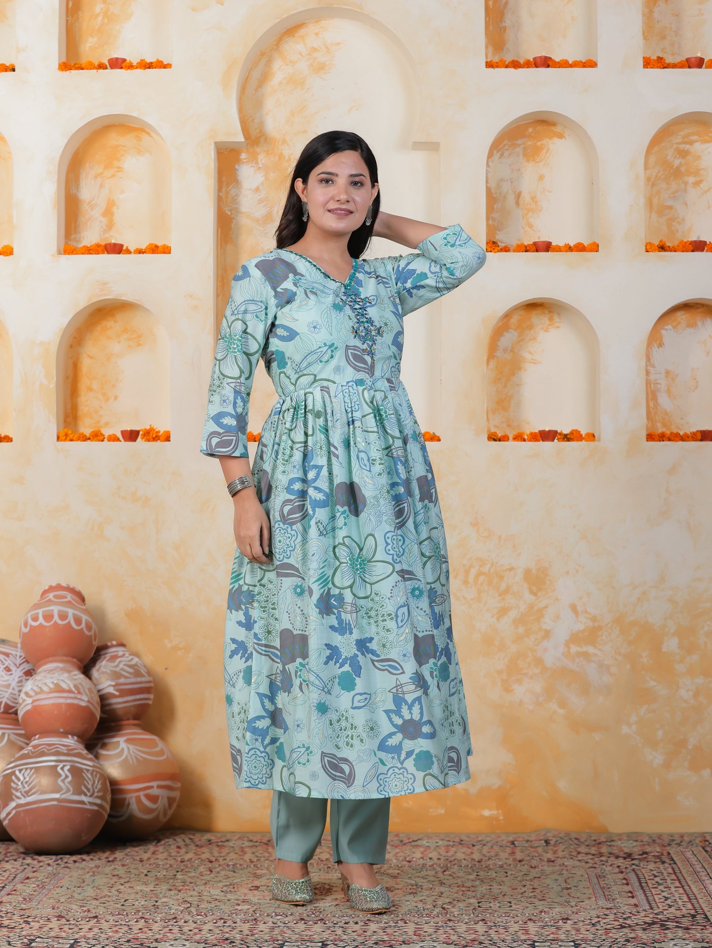 Mirror Work Sea Blue Floral Shantoon Pleated Kurta
