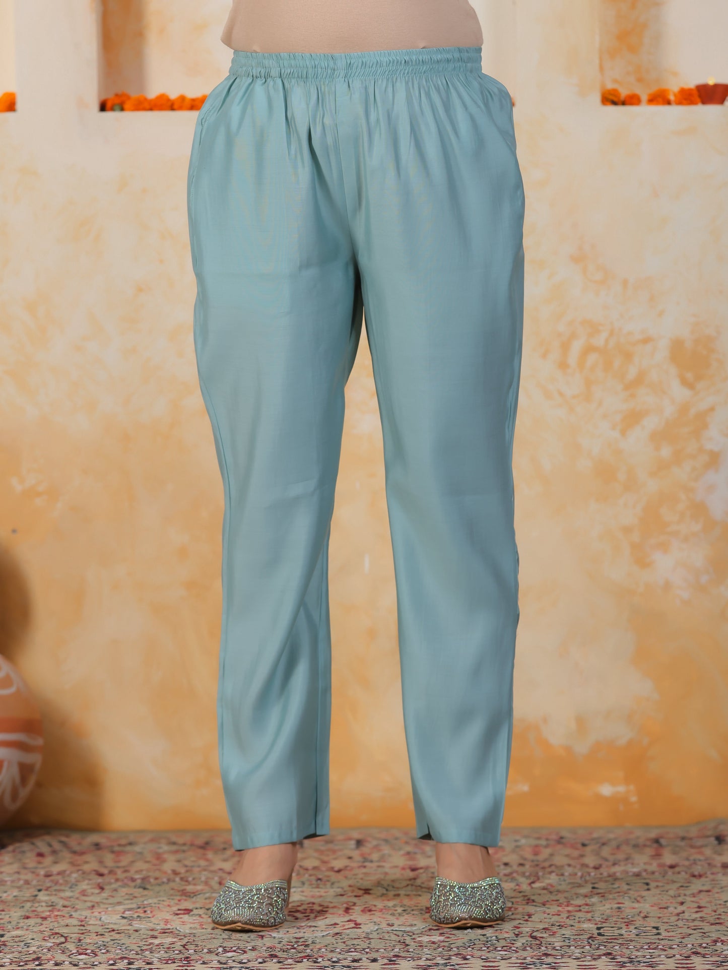 Mirror Work Sea Blue Floral Shantoon Pleated Kurta