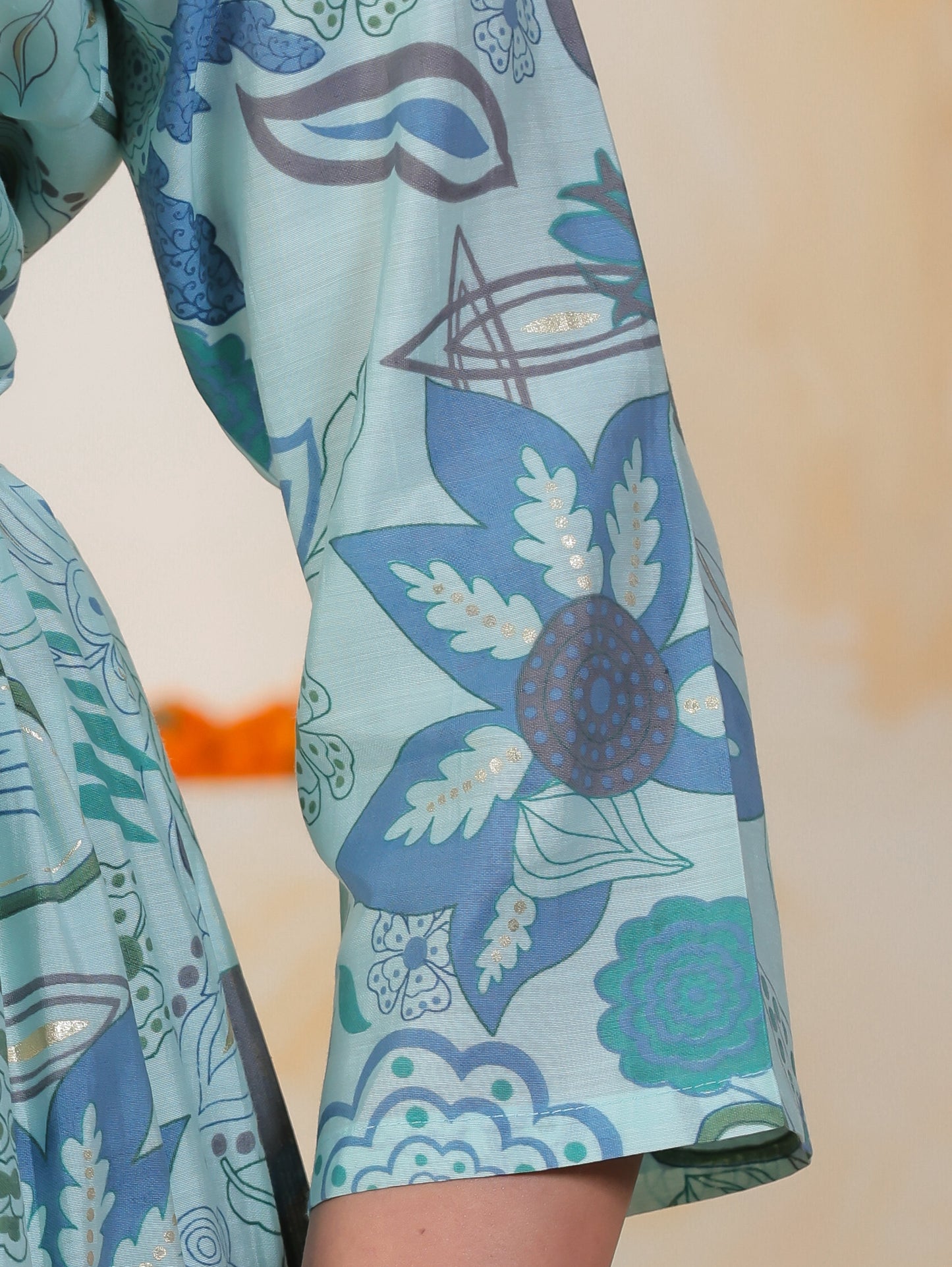 Mirror Work Sea Blue Floral Shantoon Pleated Kurta