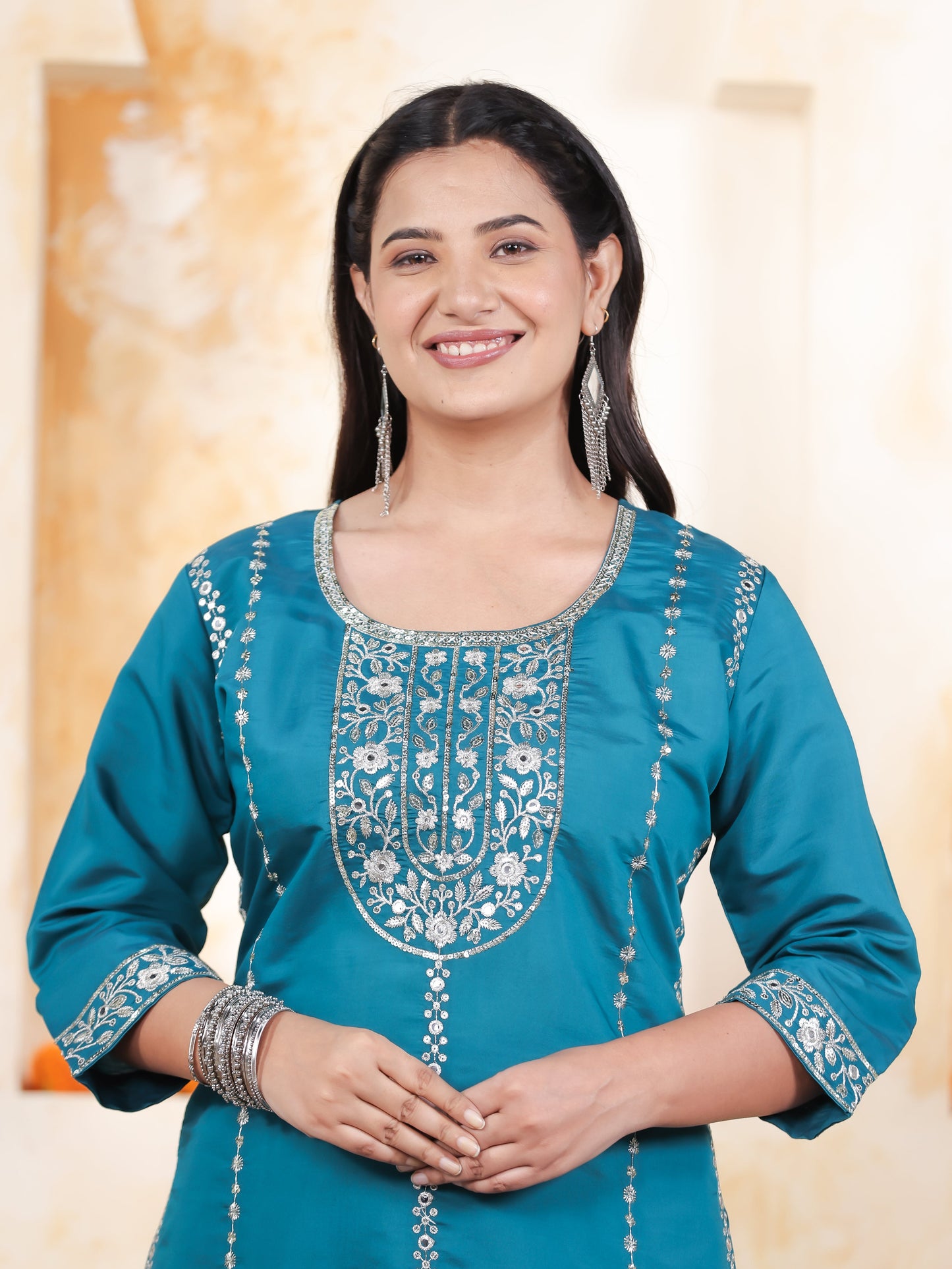 Zari Blue Roman silk Straight Kurta