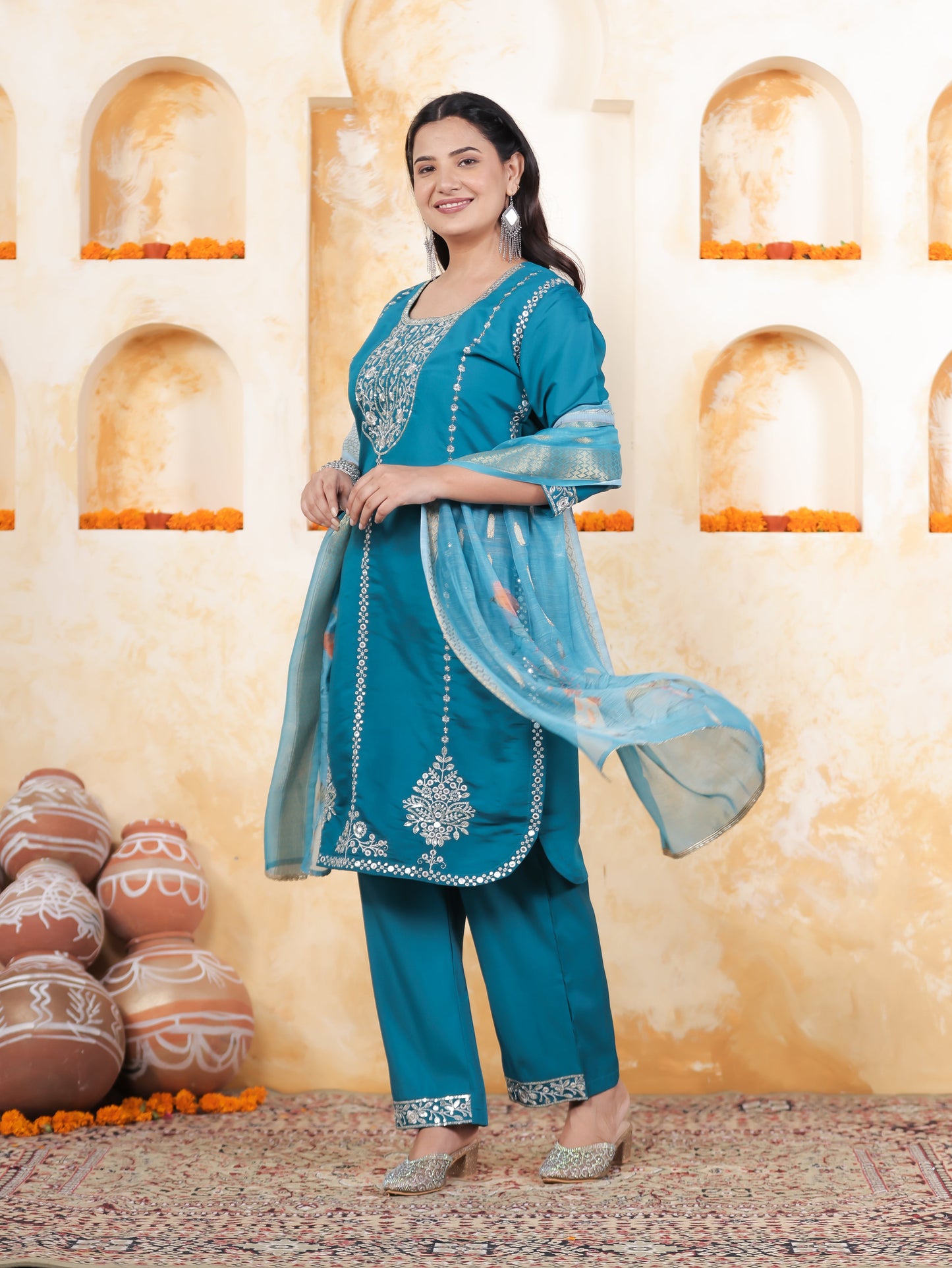 Zari Blue Roman silk Straight Kurta