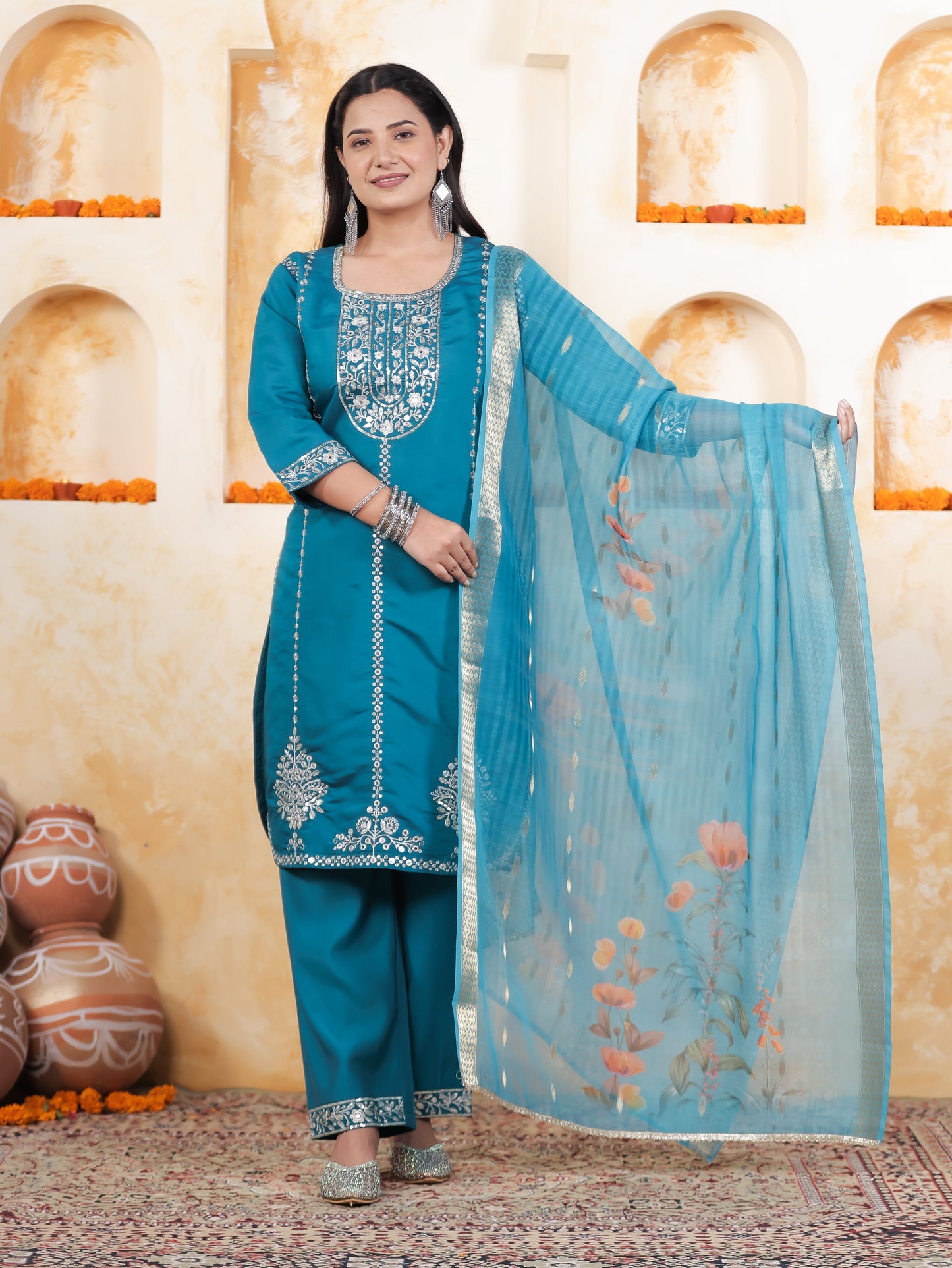 Zari Blue Roman silk Straight Kurta