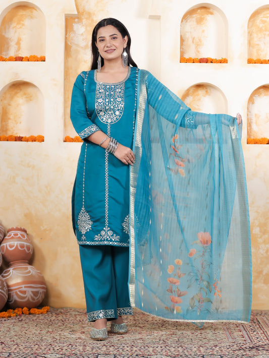 Zari Blue Roman silk Straight Kurta