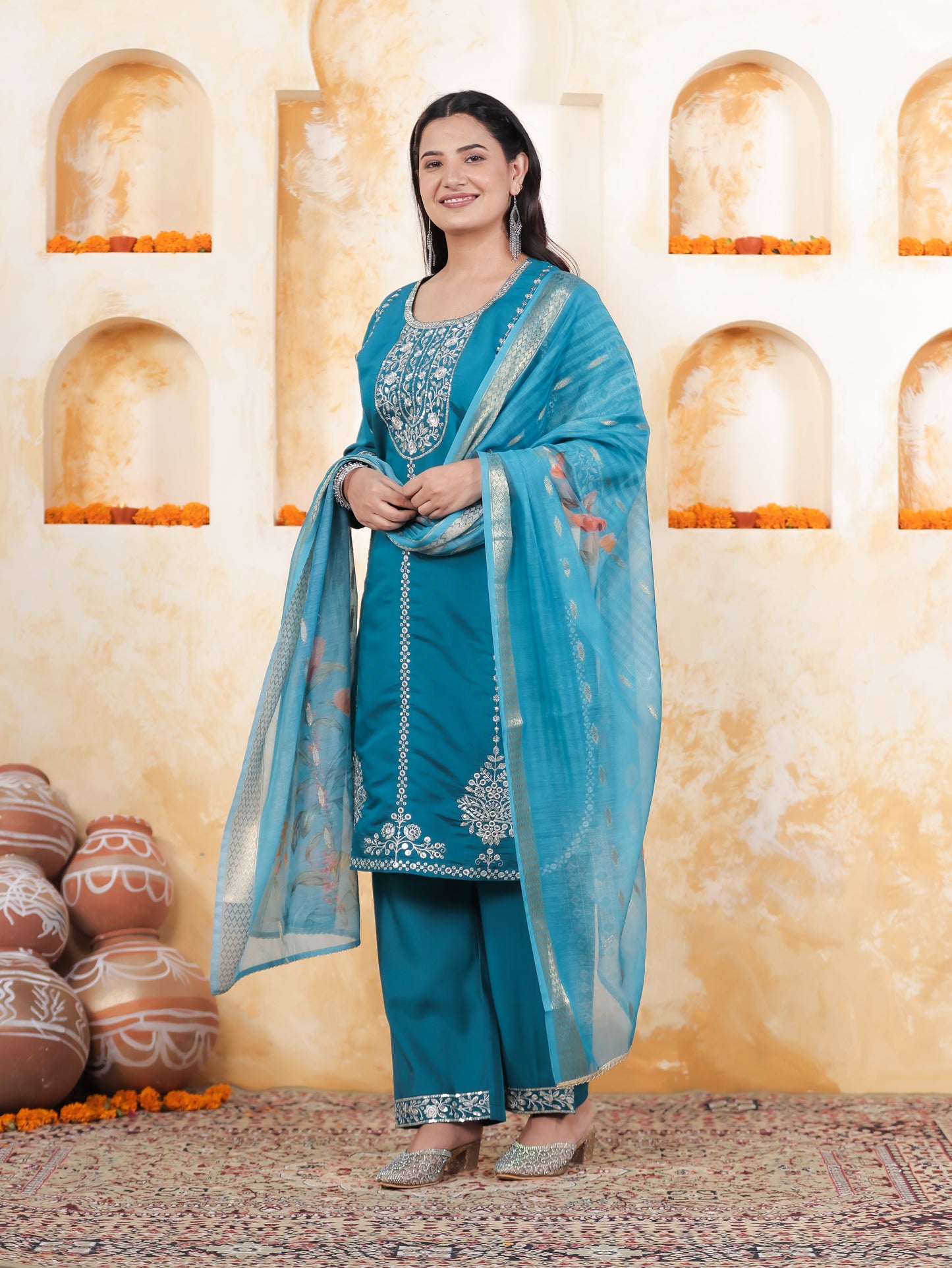 Zari Blue Roman silk Straight Kurta
