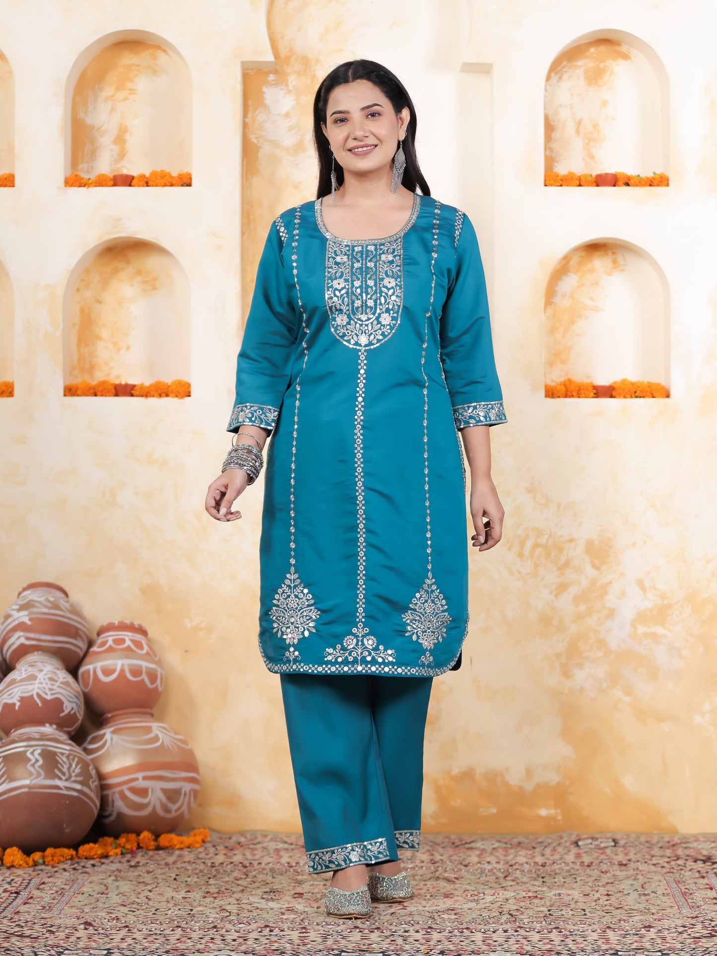 Zari Blue Roman silk Straight Kurta