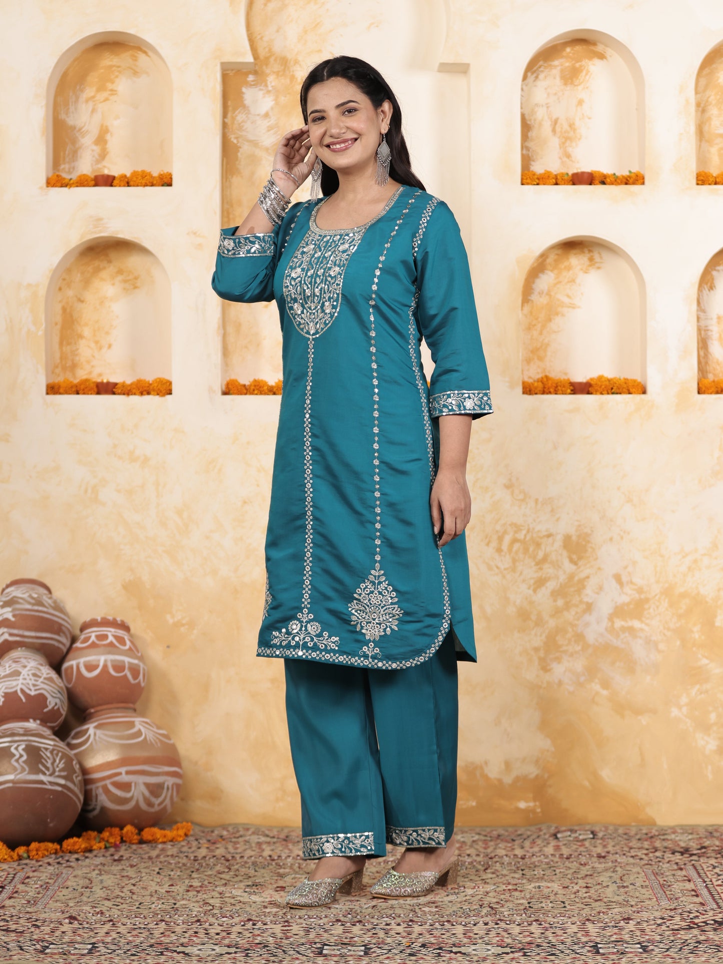 Zari Blue Roman silk Straight Kurta