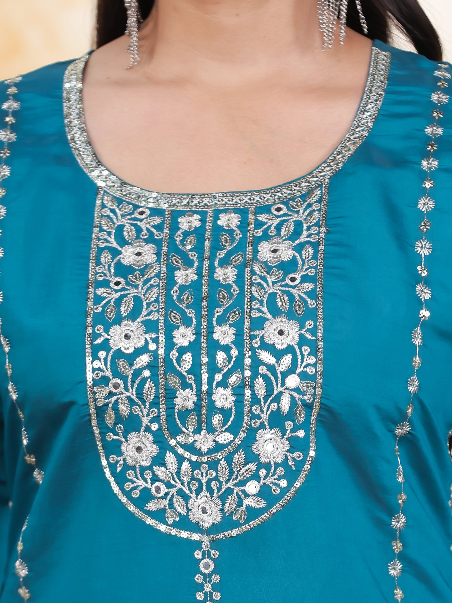 Zari Blue Roman silk Straight Kurta