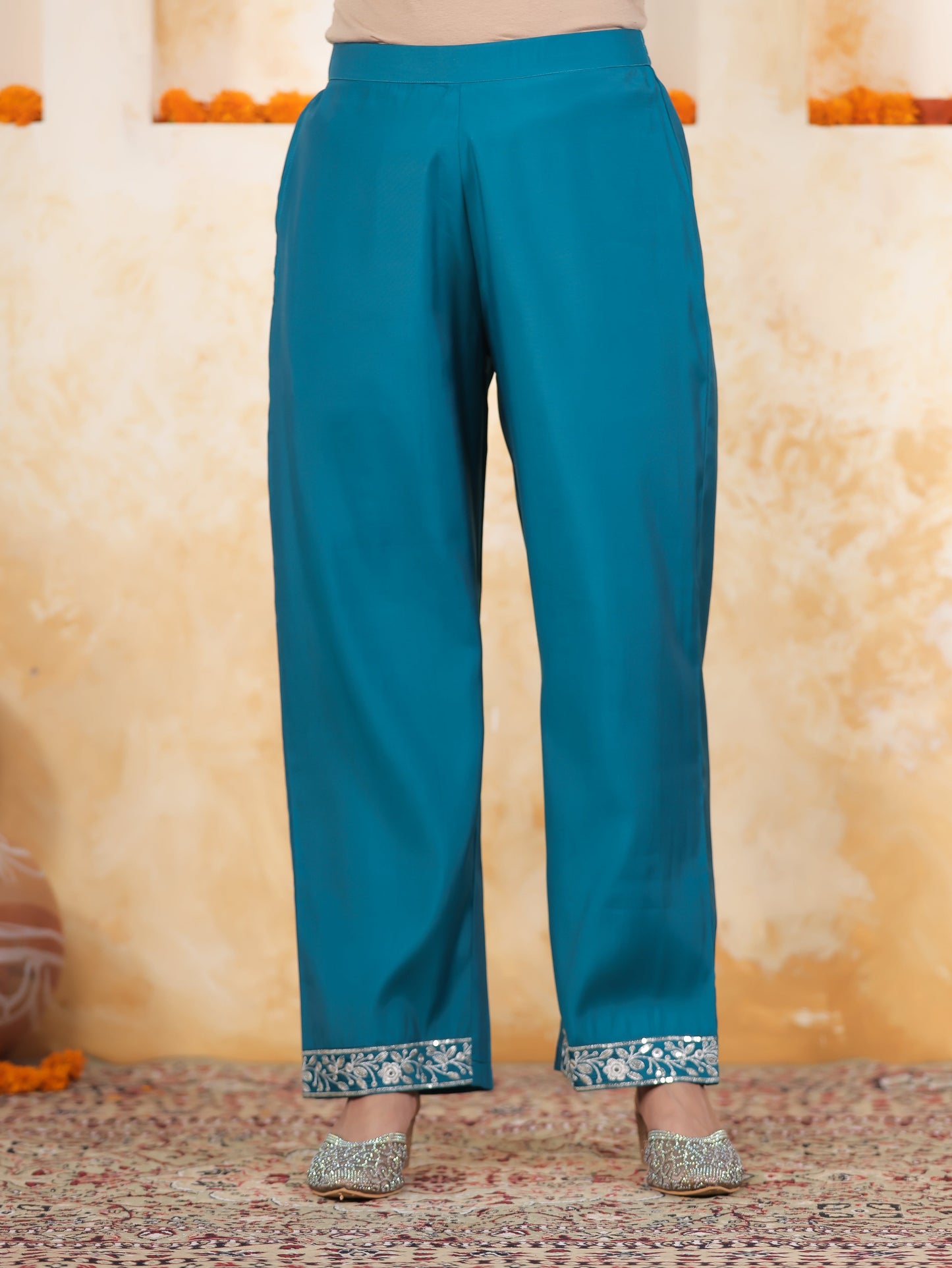 Zari Blue Roman silk Straight Kurta