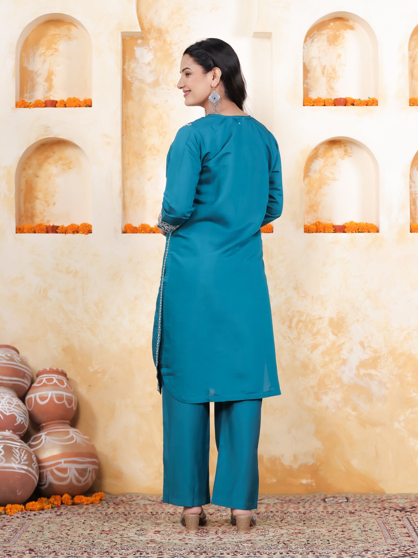 Zari Blue Roman silk Straight Kurta