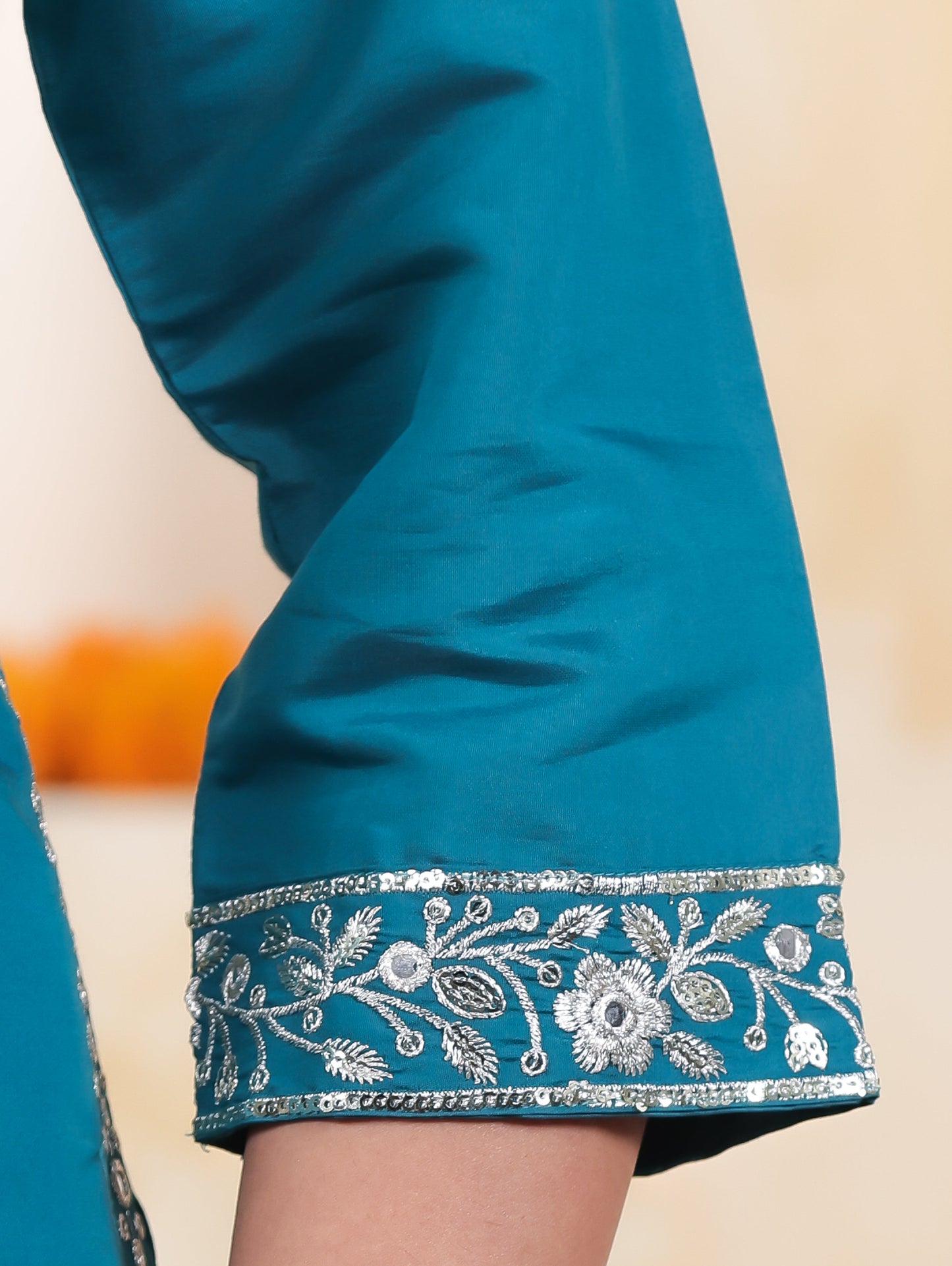 Zari Blue Roman silk Straight Kurta