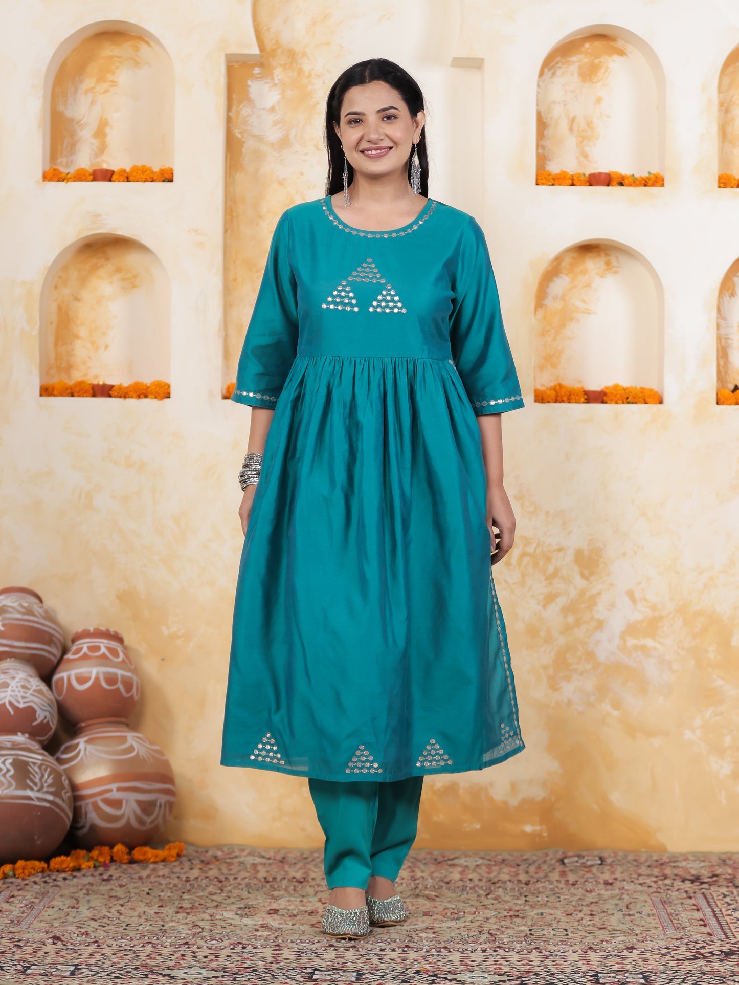 Hand work Teal Solid Roman silk Gathered Kurta