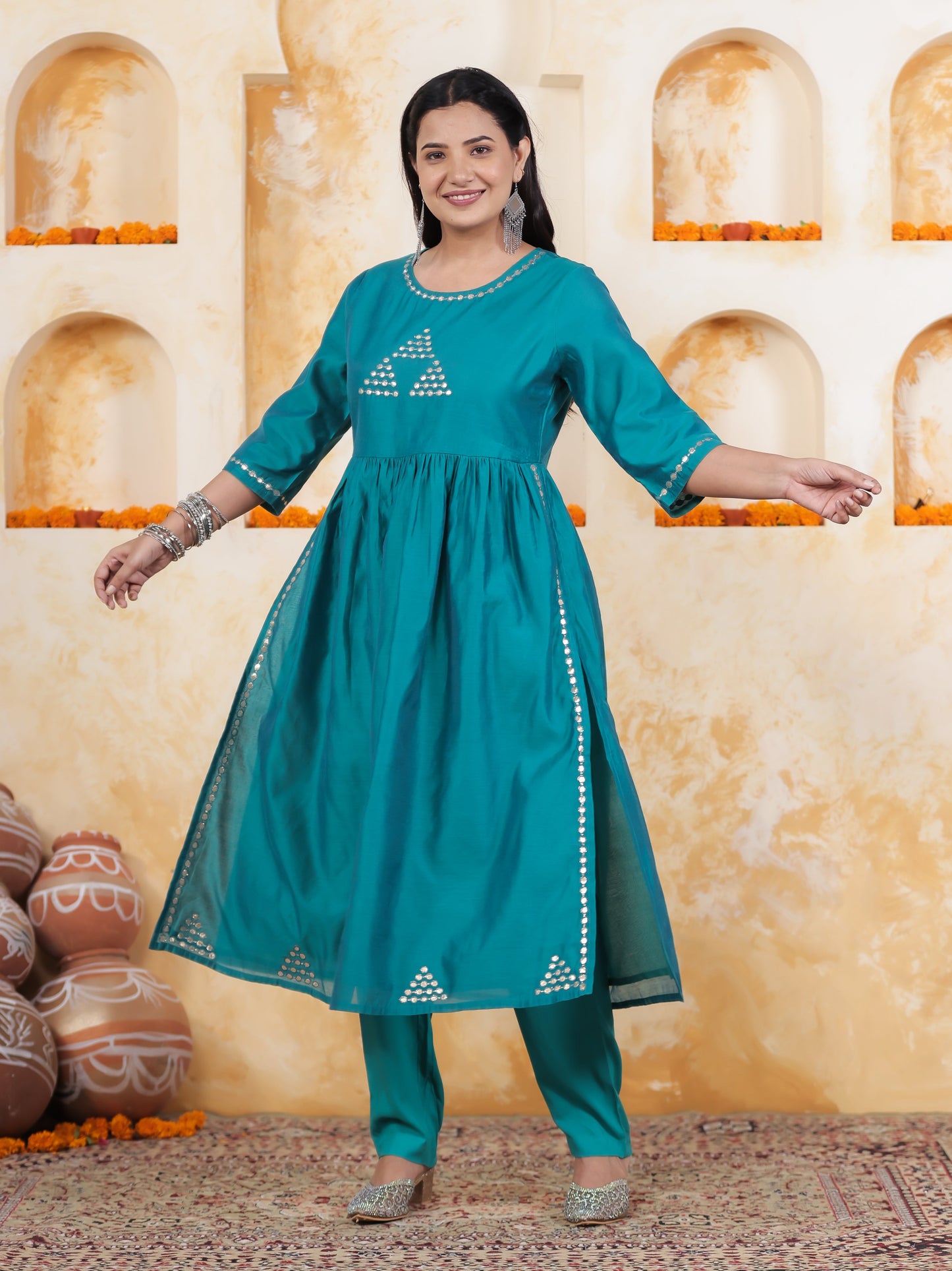 Hand work Teal Solid Roman silk Gathered Kurta