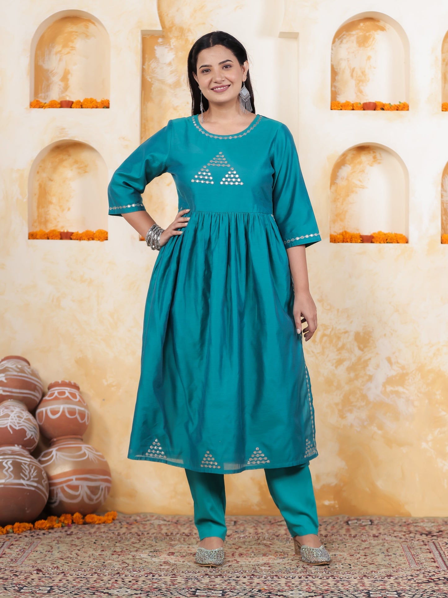 Hand work Teal Solid Roman silk Gathered Kurta