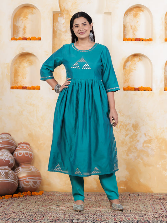 Hand work Teal Solid Roman silk Gathered Kurta