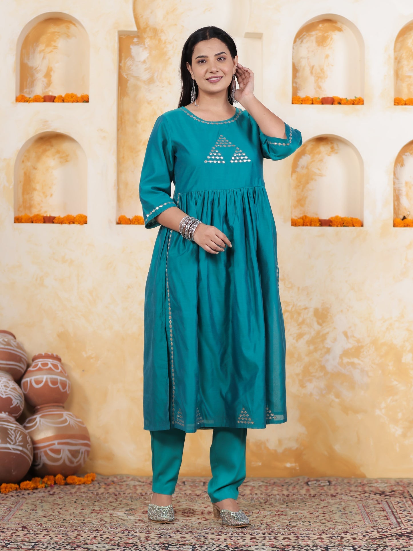 Hand work Teal Solid Roman silk Gathered Kurta