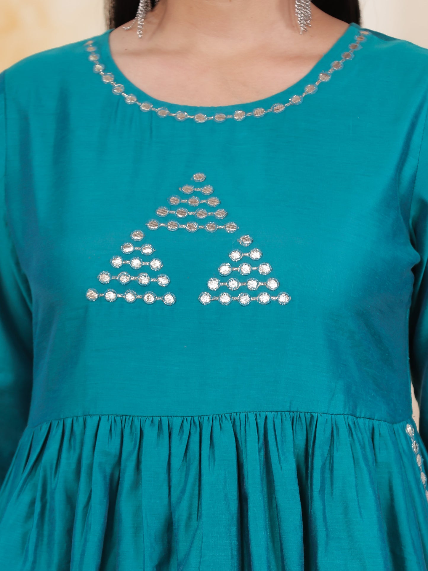 Hand work Teal Solid Roman silk Gathered Kurta