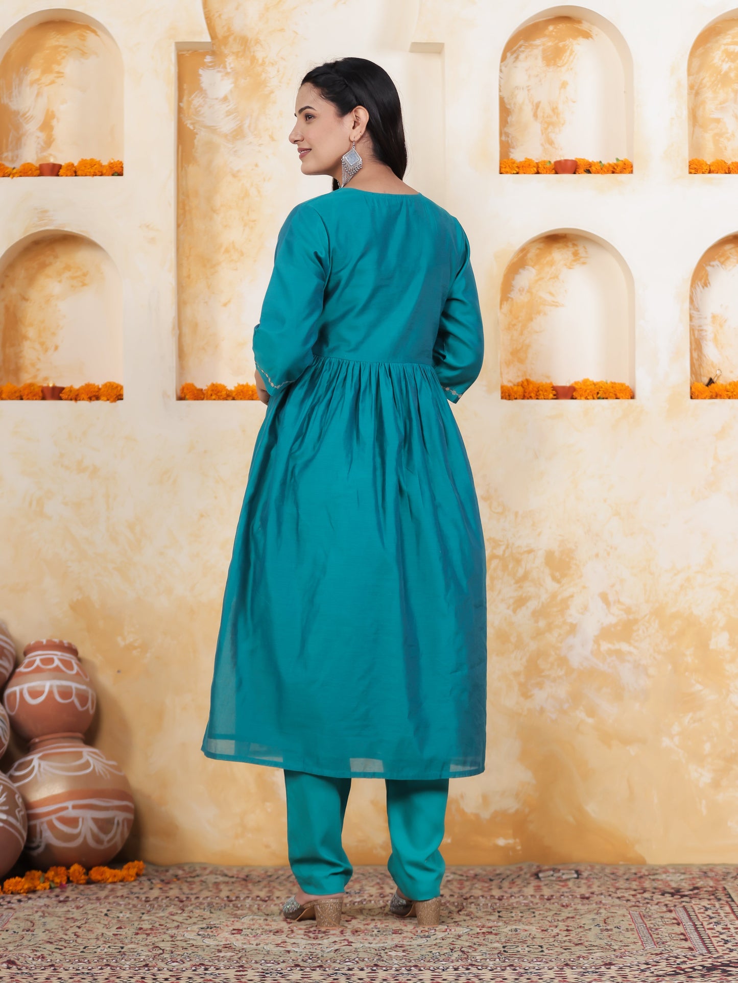 Hand work Teal Solid Roman silk Gathered Kurta