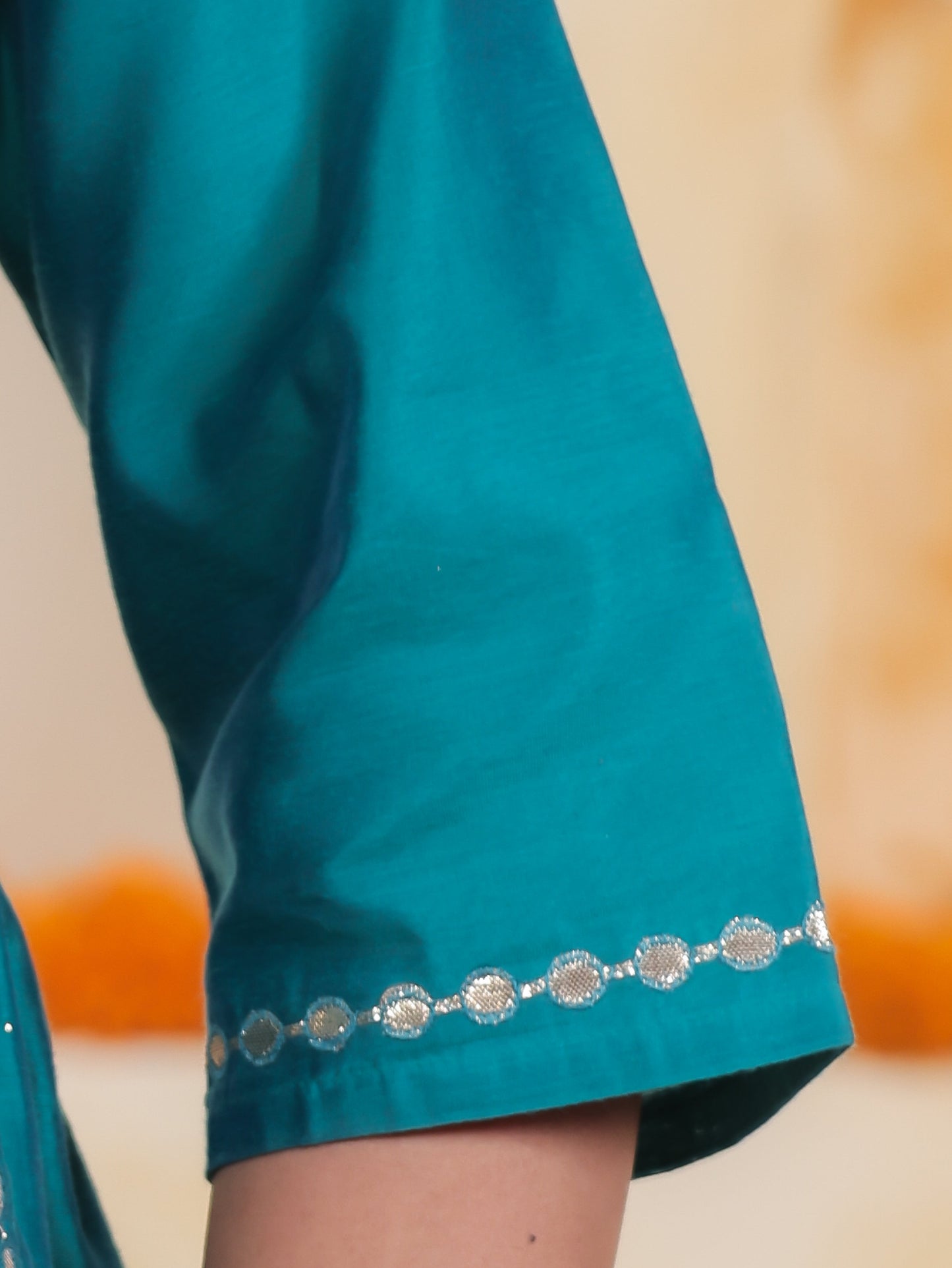 Hand work Teal Solid Roman silk Gathered Kurta