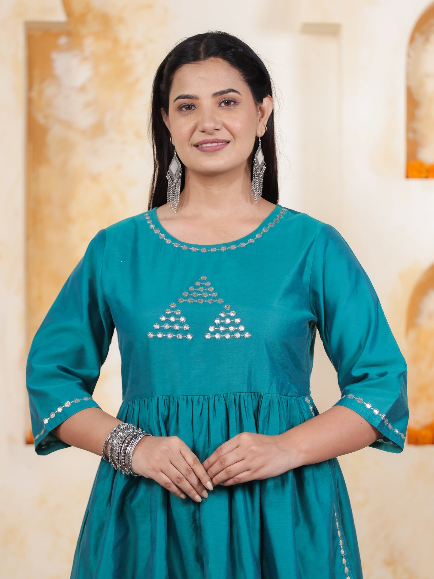 Hand work Teal Solid Roman silk Gathered Kurta