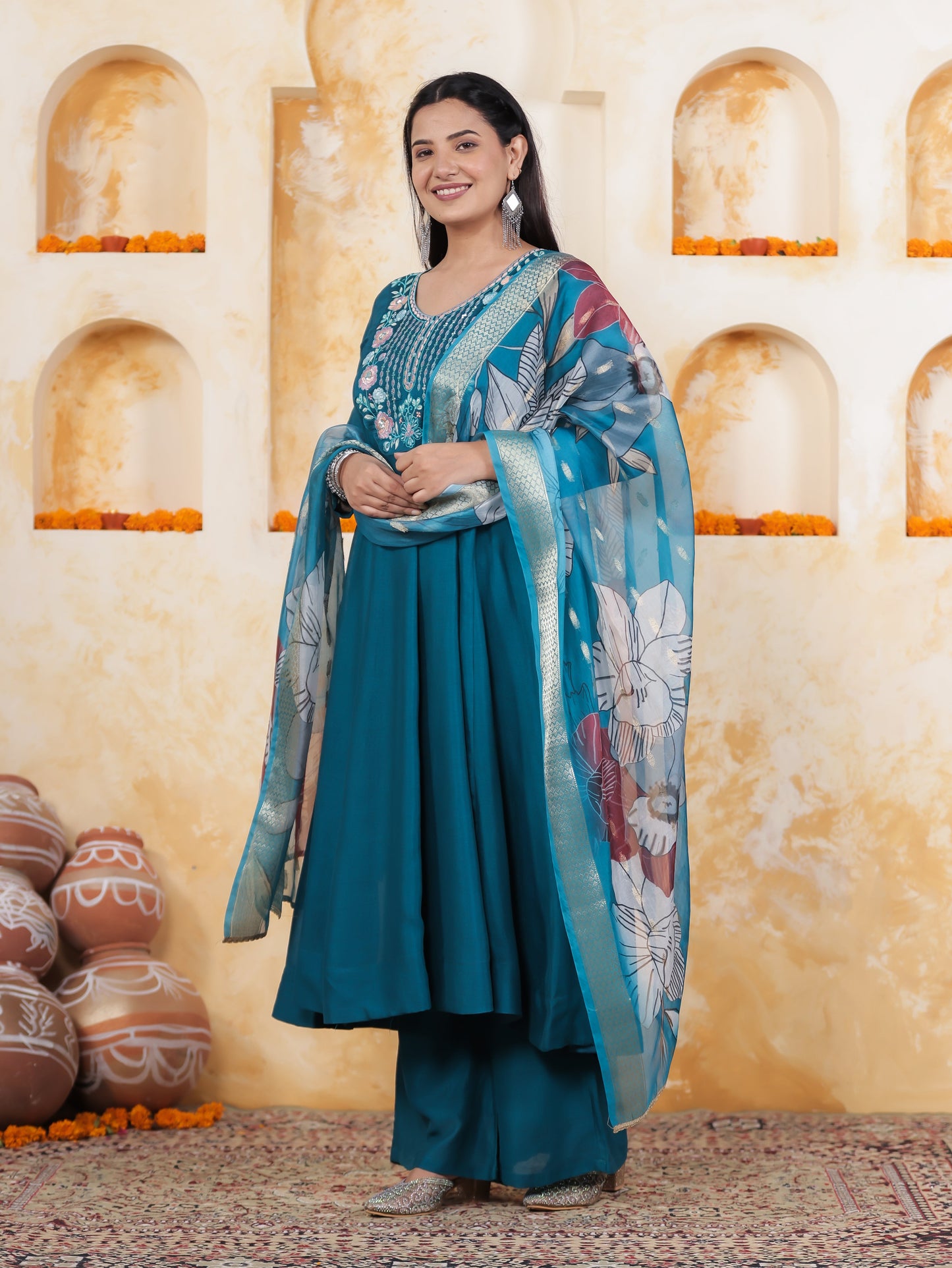 Embroidered Teal Roman silk Gathered Kurta