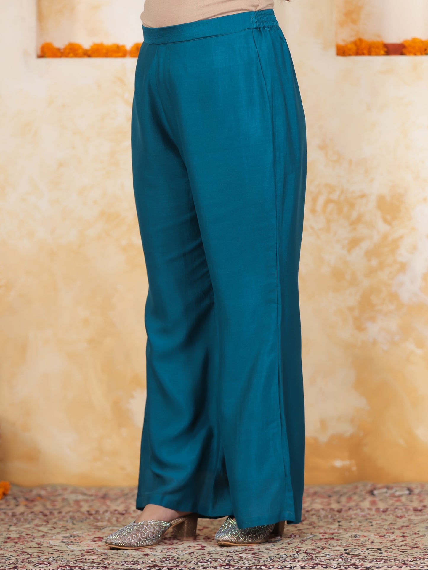 Embroidered Teal Roman silk Gathered Kurta