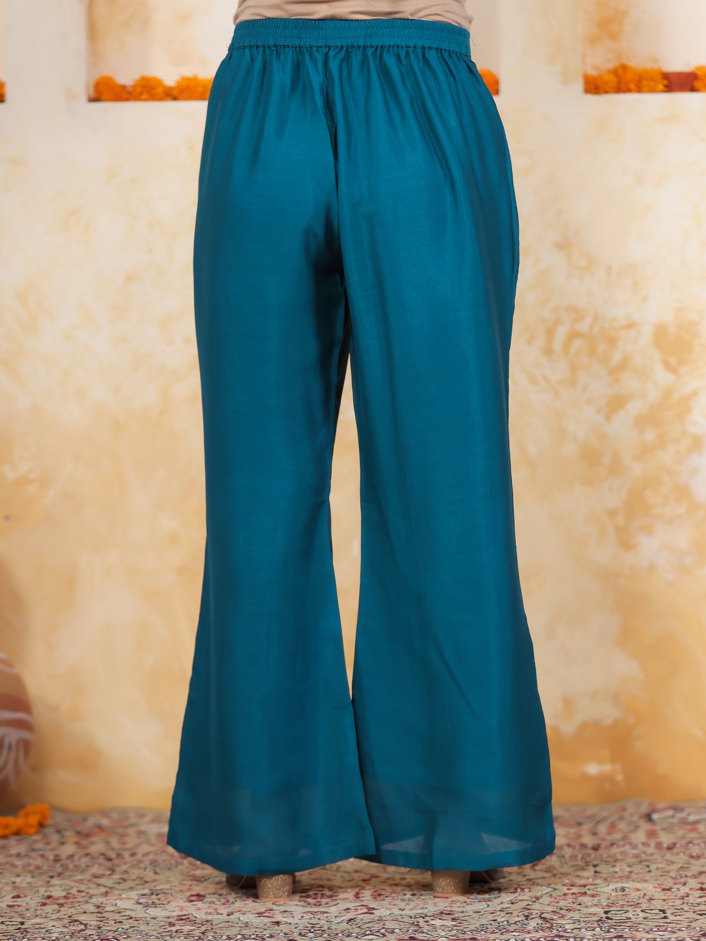 Embroidered Teal Roman silk Gathered Kurta