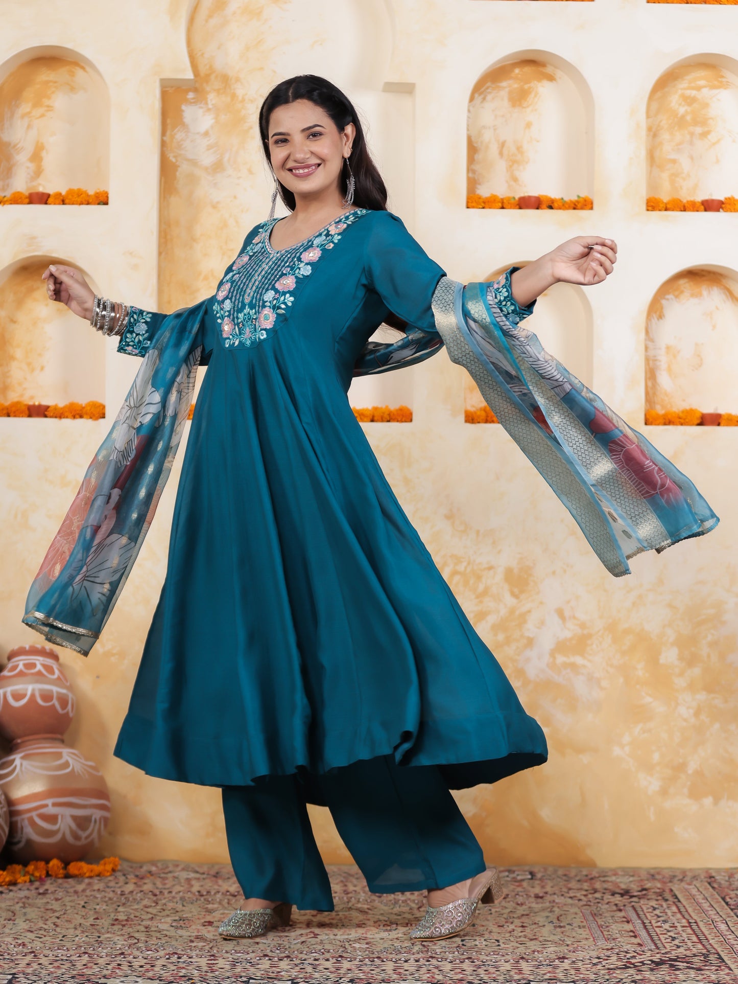 Embroidered Teal Roman silk Gathered Kurta
