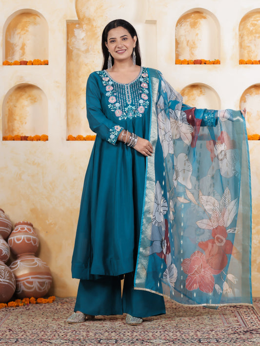 Embroidered Teal Roman silk Gathered Kurta