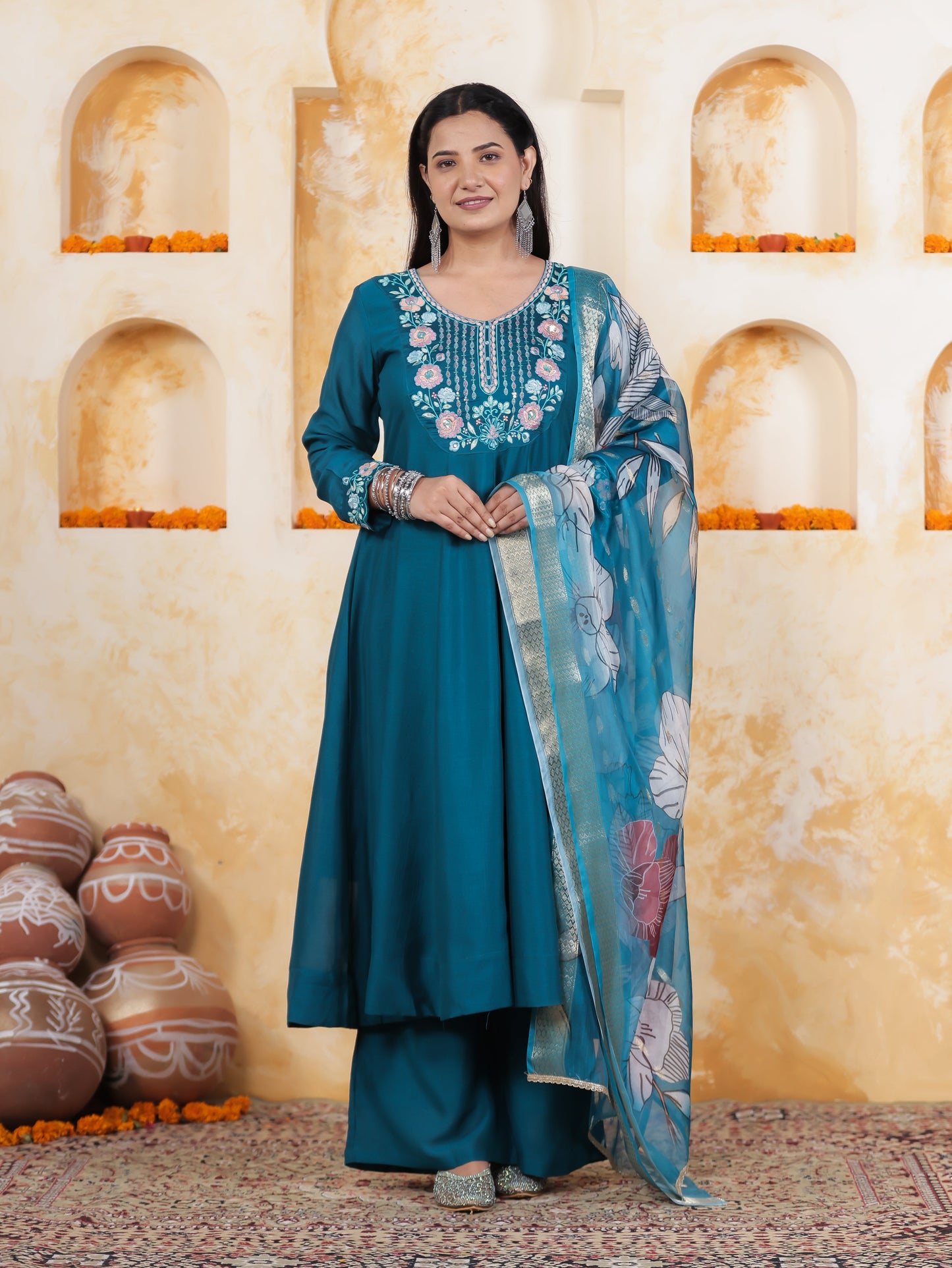 Embroidered Teal Roman silk Gathered Kurta