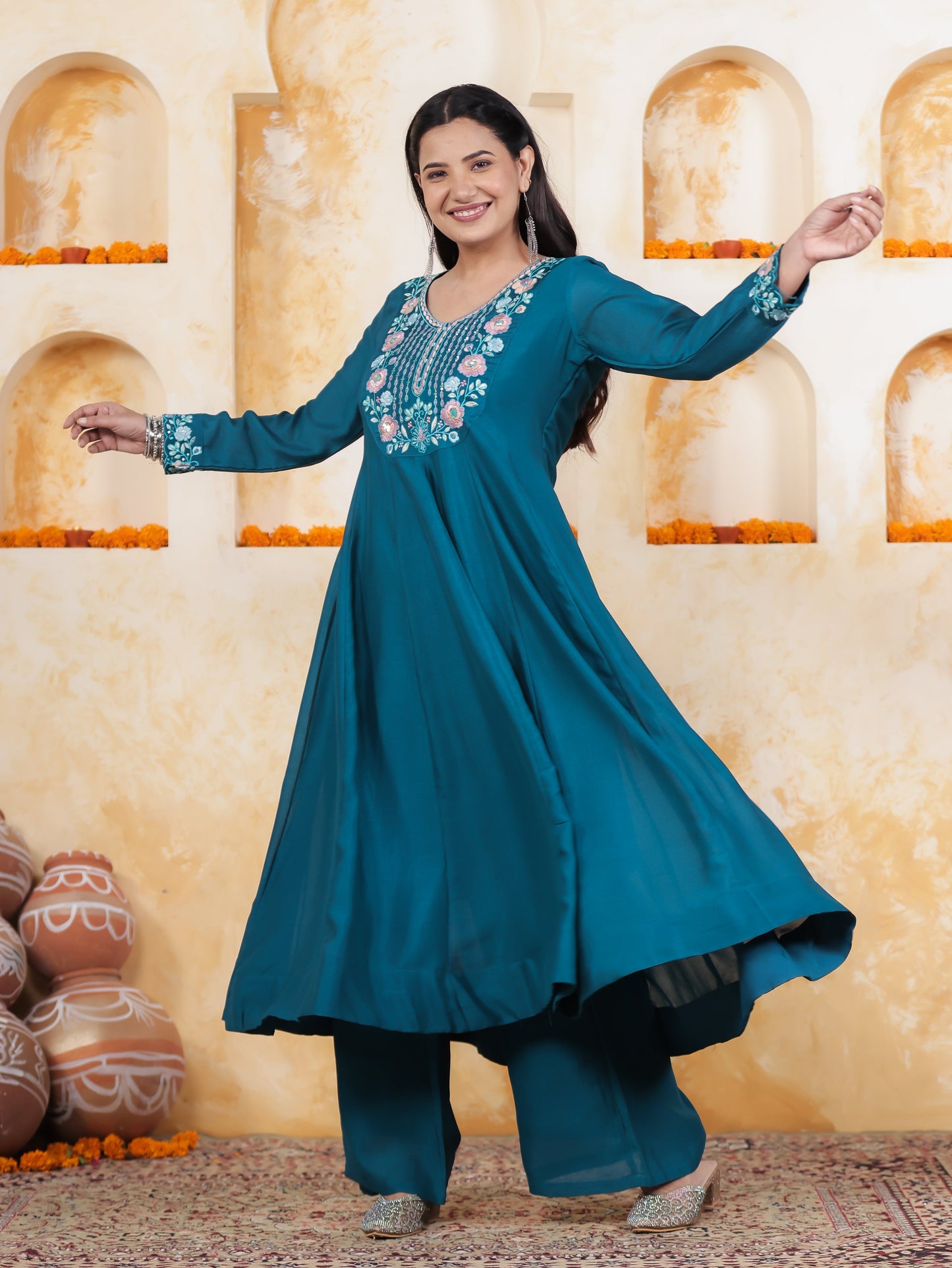 Embroidered Teal Roman silk Gathered Kurta